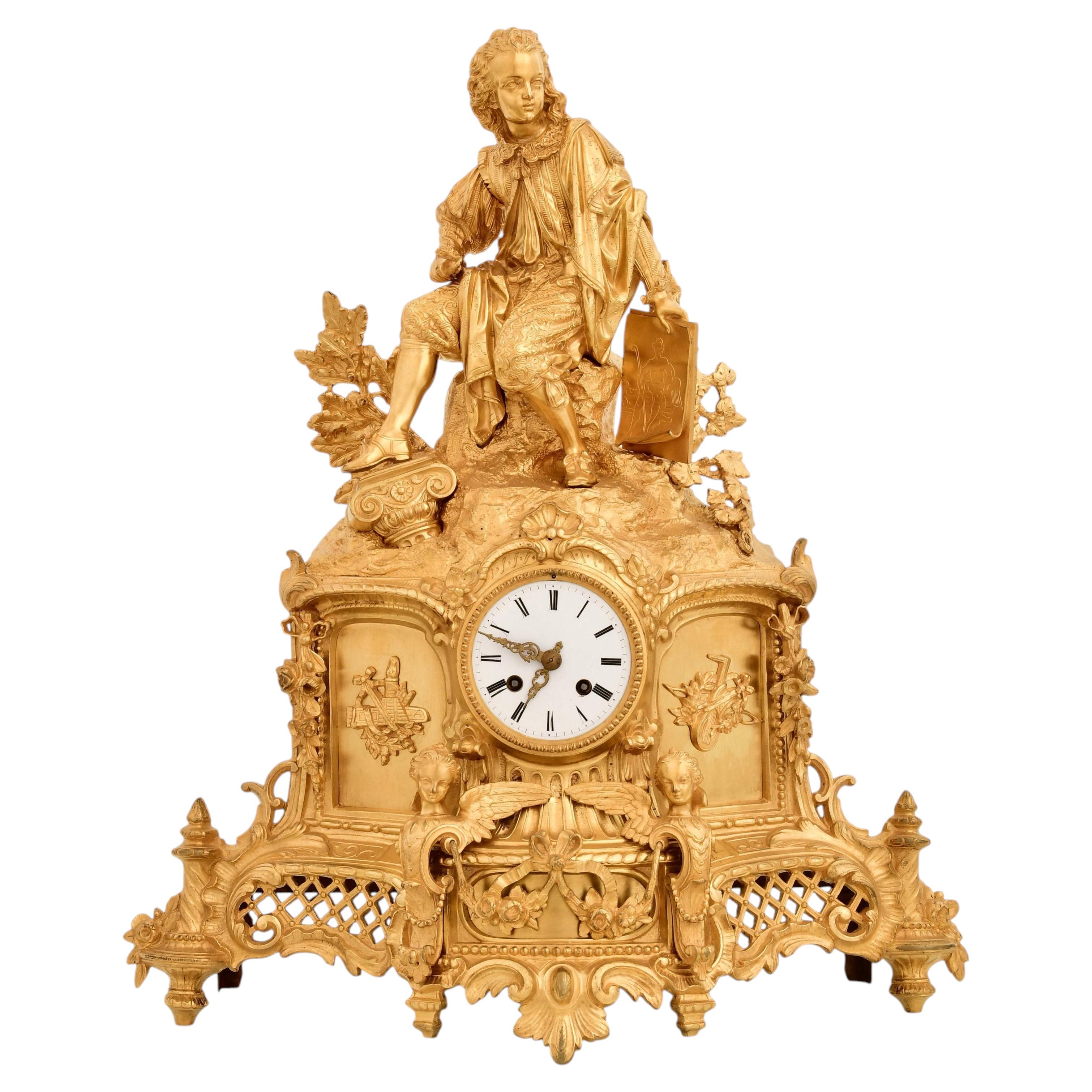 French Napoleon III Gilt Bronze Figural Mantel Clock, Early 19th Century