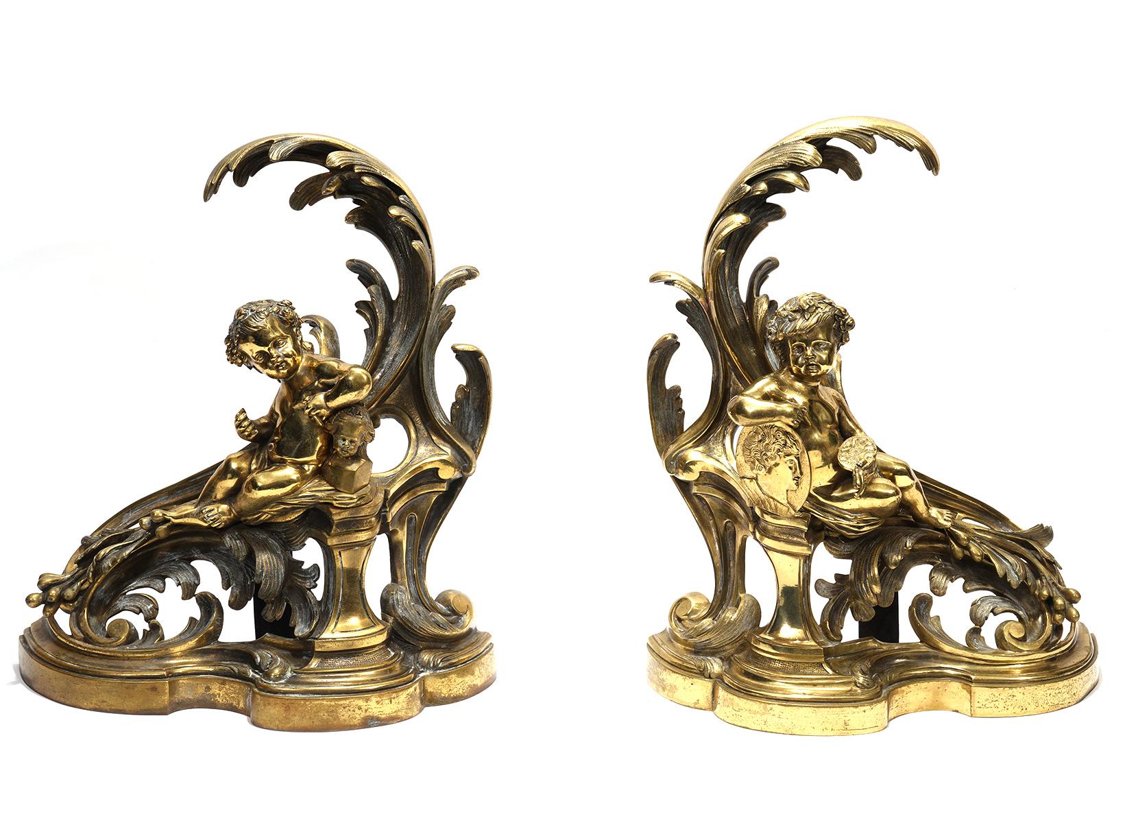 French Napoleon III Gilt Bronze Fireplace Fender and Cherub Chenets at ...