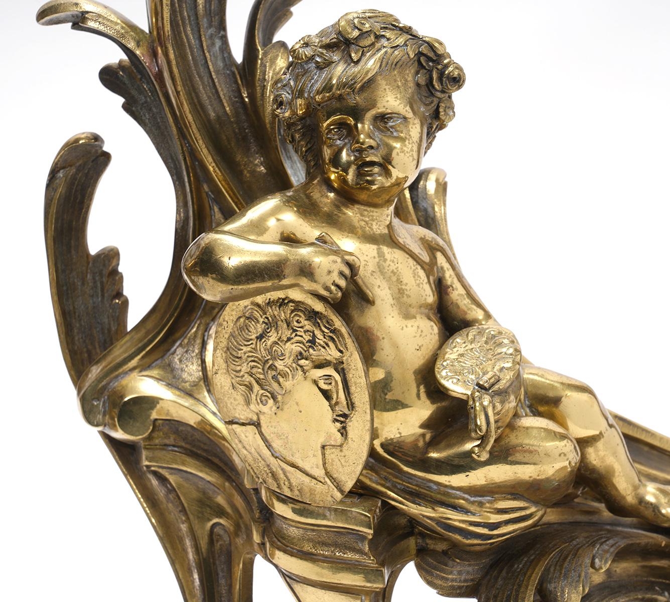 French Napoleon III Gilt Bronze Fireplace Fender and Cherub Chenets at ...