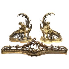 French Napoleon III Gilt Bronze Fireplace Fender and Cherub Chenets