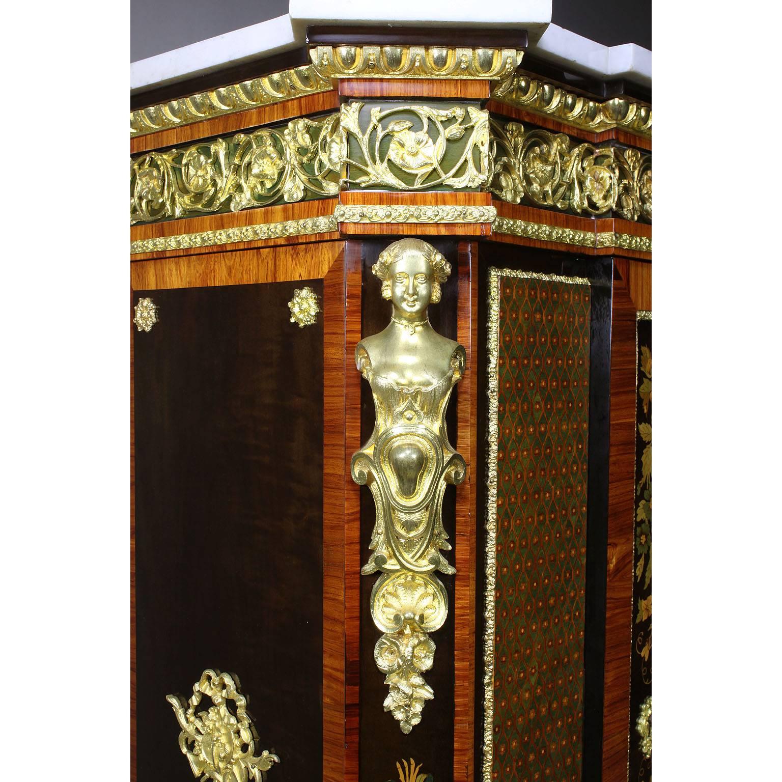 French Napoleon III Gilt Bronze Mounted & Marquetry Side Cabinet with Marble Top In Good Condition For Sale In Los Angeles, CA