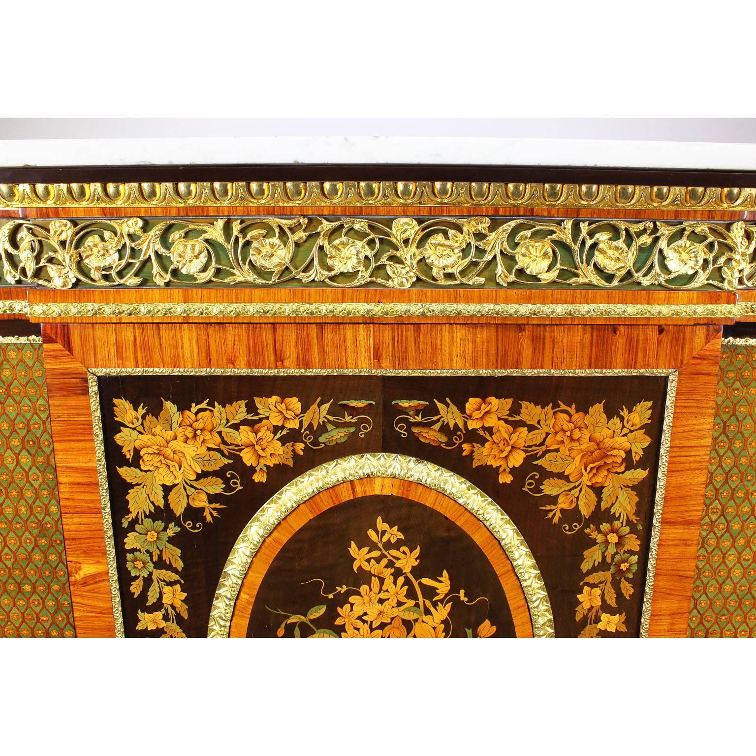 19th Century French Napoleon III Gilt Bronze Mounted & Marquetry Side Cabinet with Marble Top For Sale