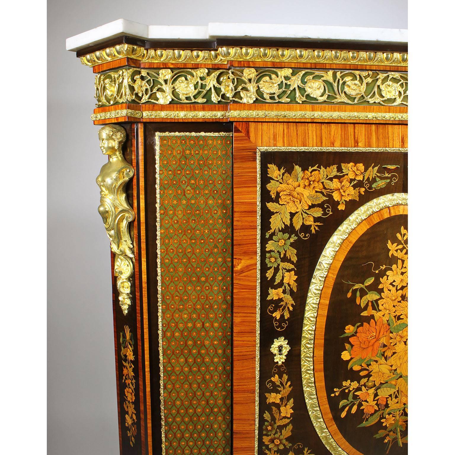 French Napoleon III Gilt Bronze Mounted & Marquetry Side Cabinet with Marble Top For Sale 2