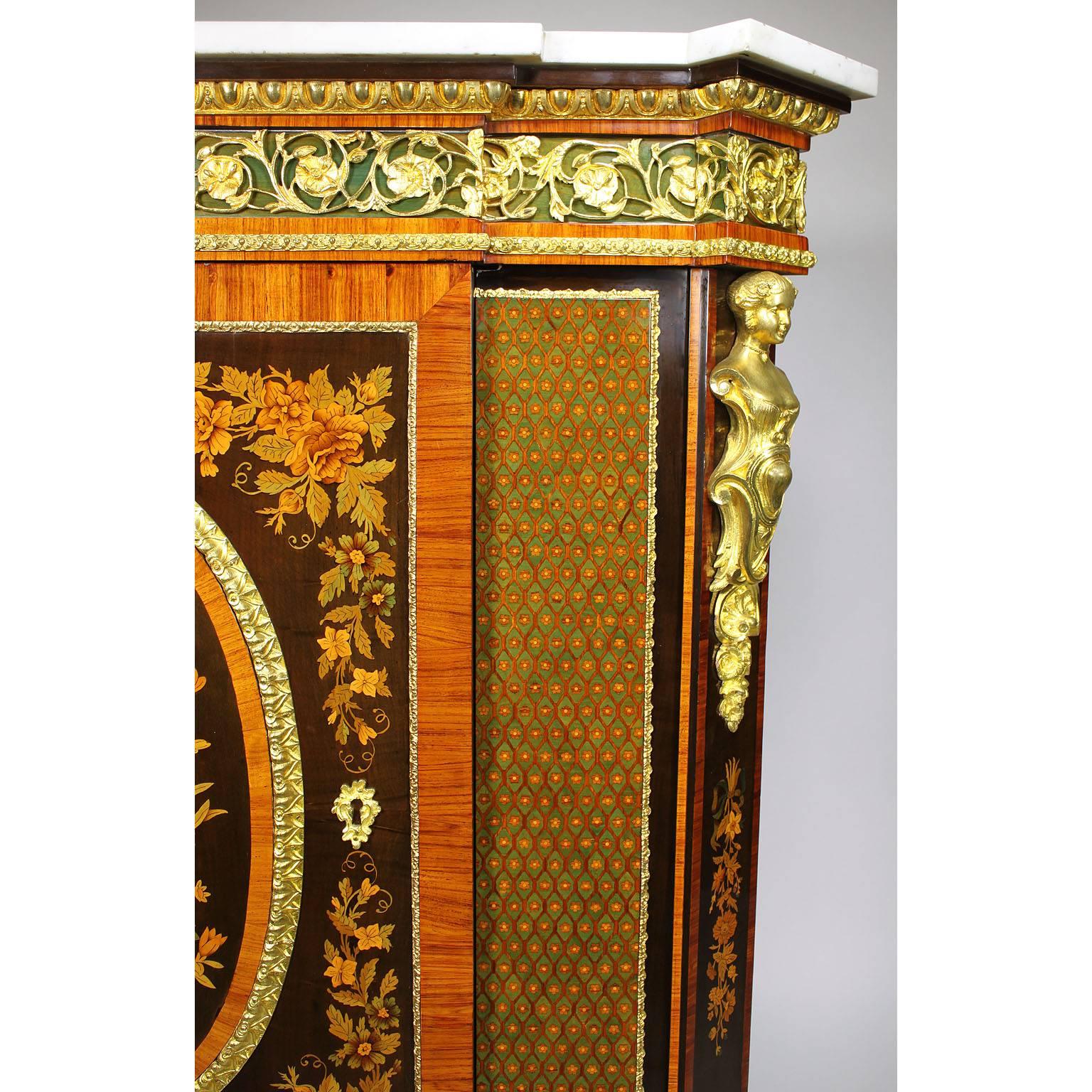 French Napoleon III Gilt Bronze Mounted & Marquetry Side Cabinet with Marble Top For Sale 4