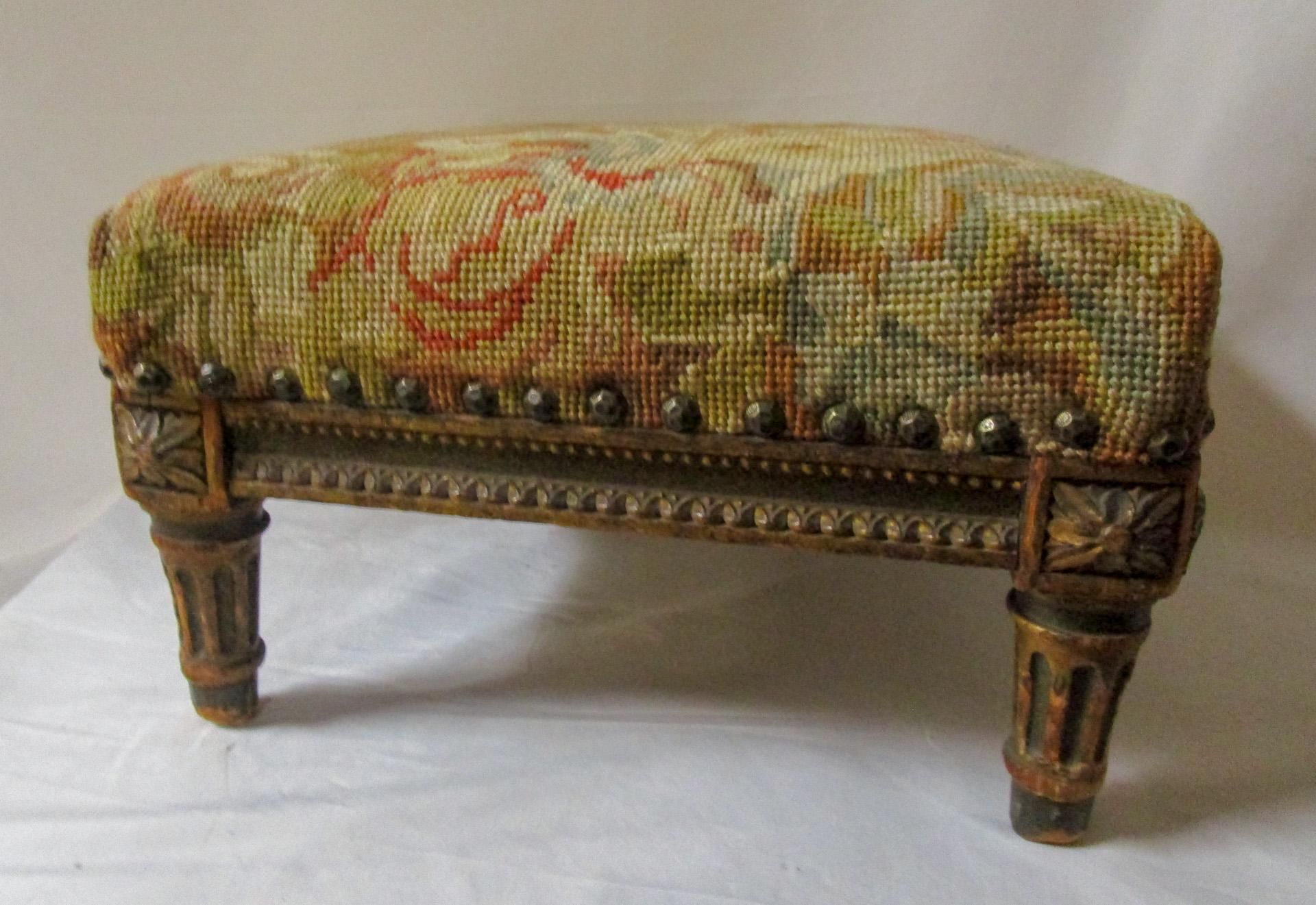 French Napoleon III Giltwood 19th Century Footstool with Needlepoint Upholstery In Good Condition In Savannah, GA