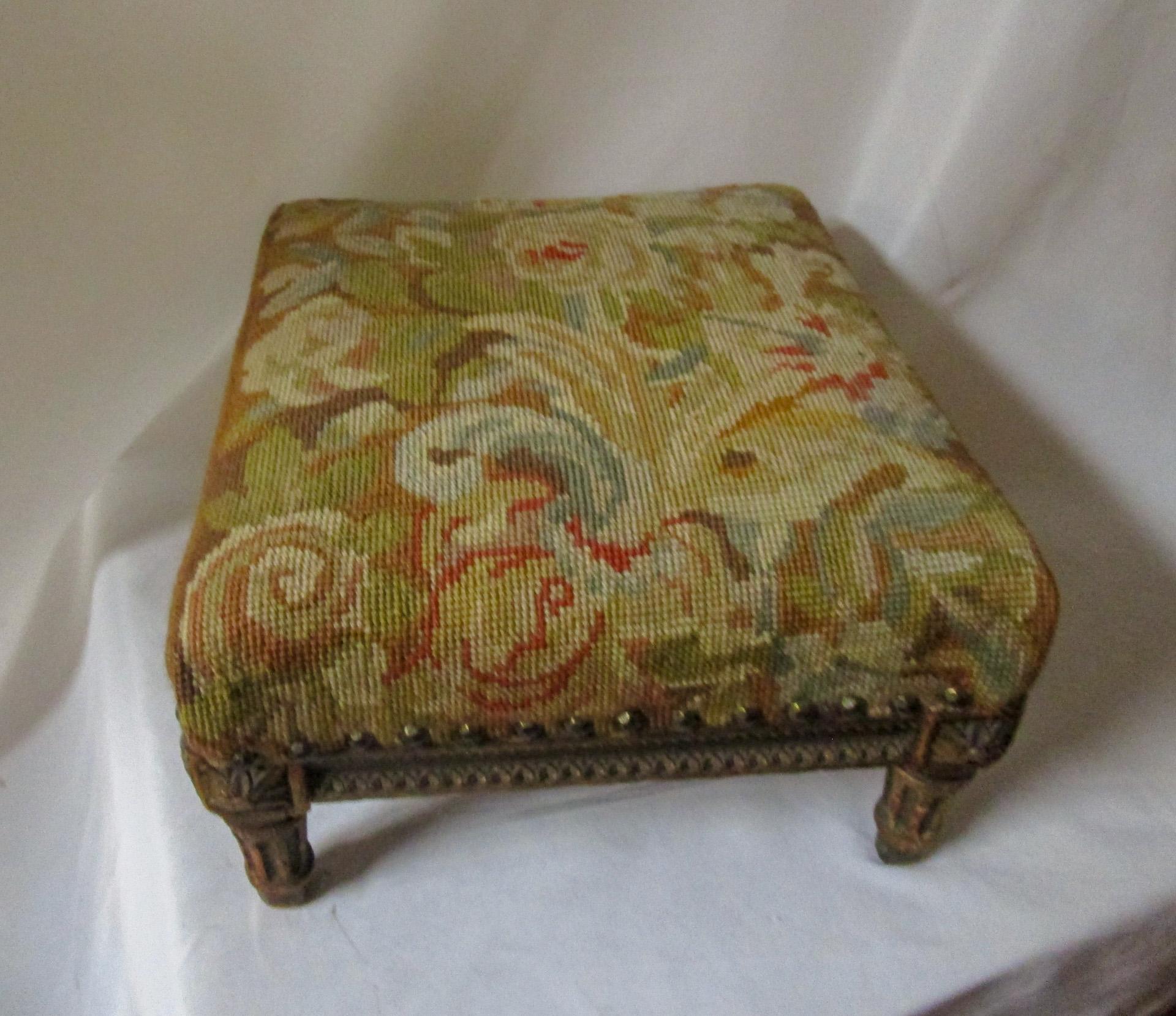 Fabric French Napoleon III Giltwood 19th Century Footstool with Needlepoint Upholstery