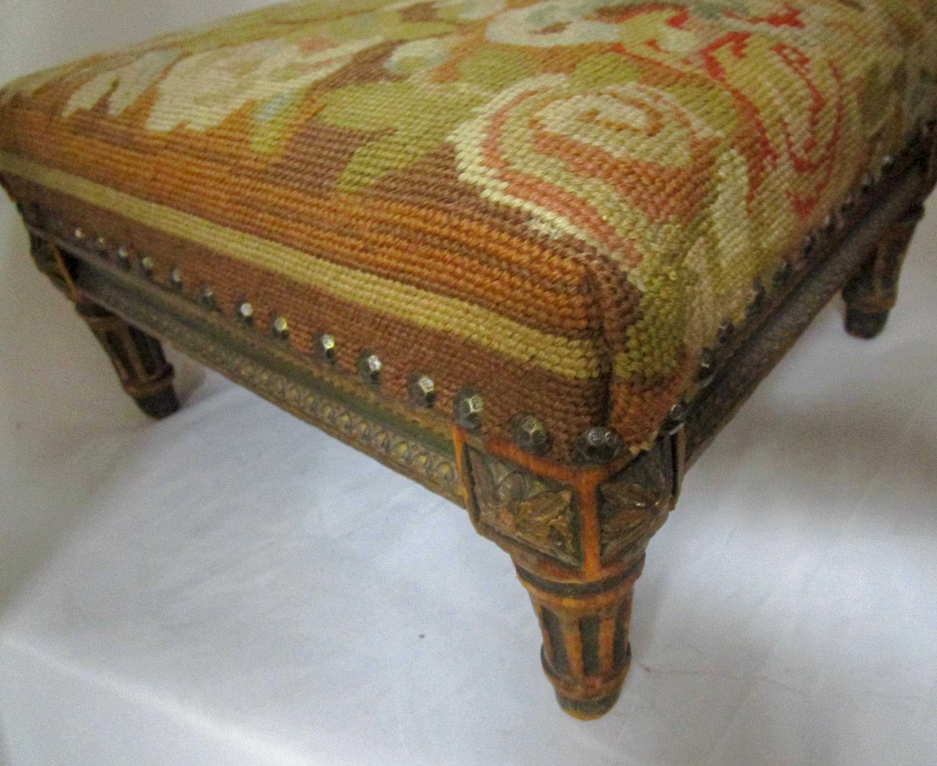 French Napoleon III Giltwood 19th Century Footstool with Needlepoint Upholstery 1