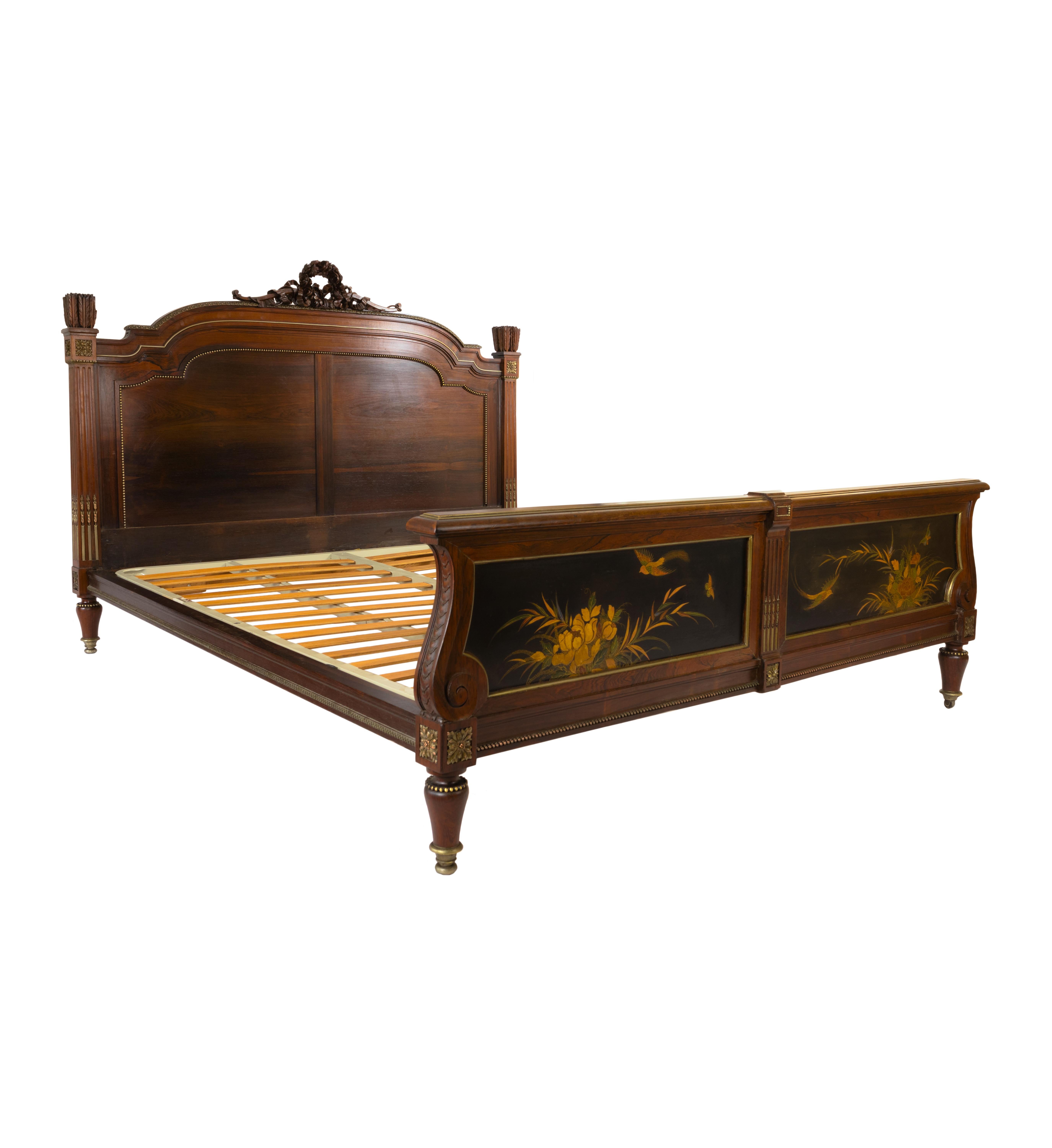 Hand-Painted French Napoleon III Hand Carved Bed For Sale