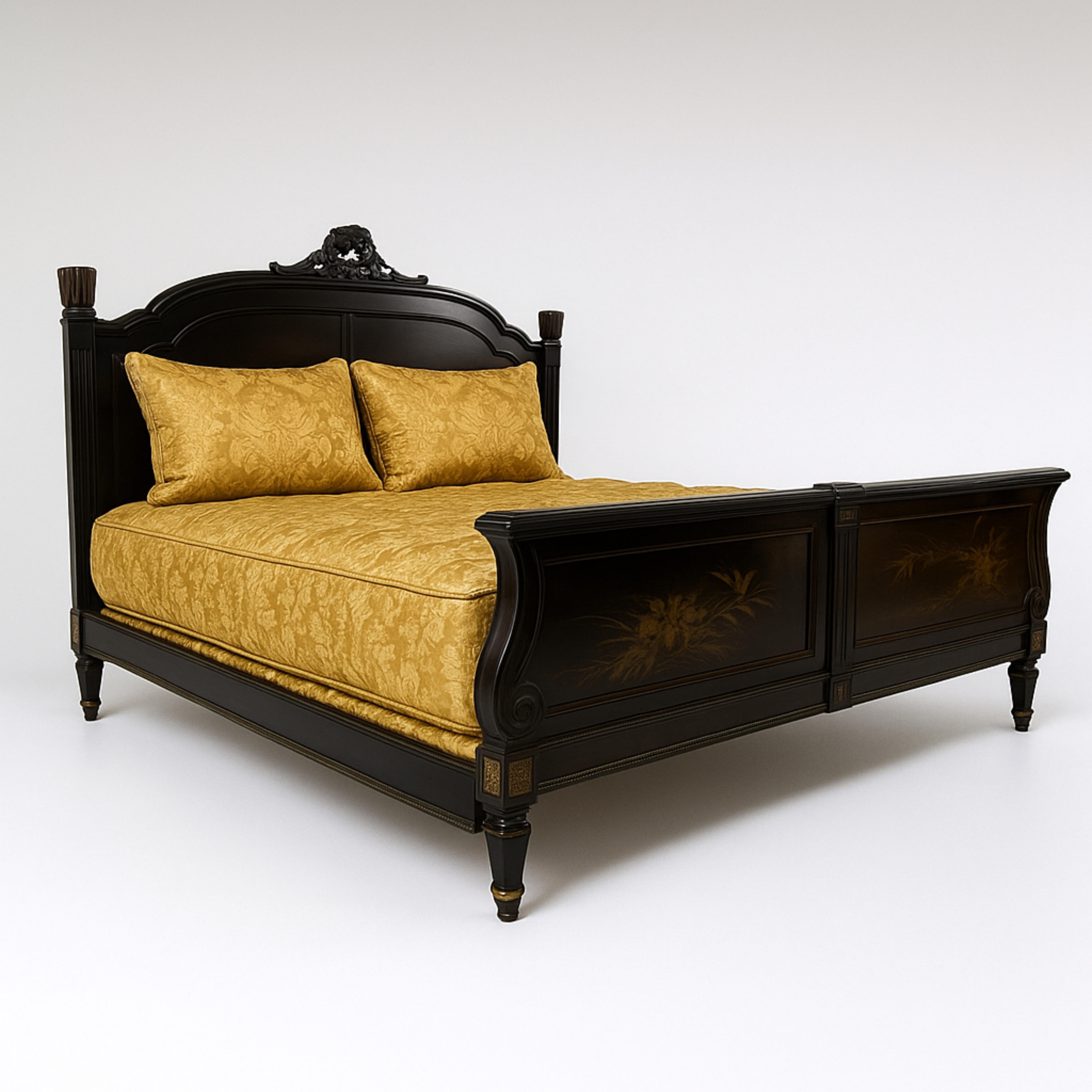 Lit français Napoléon III en noyer sculpté à la main et laqué noir en vente 4