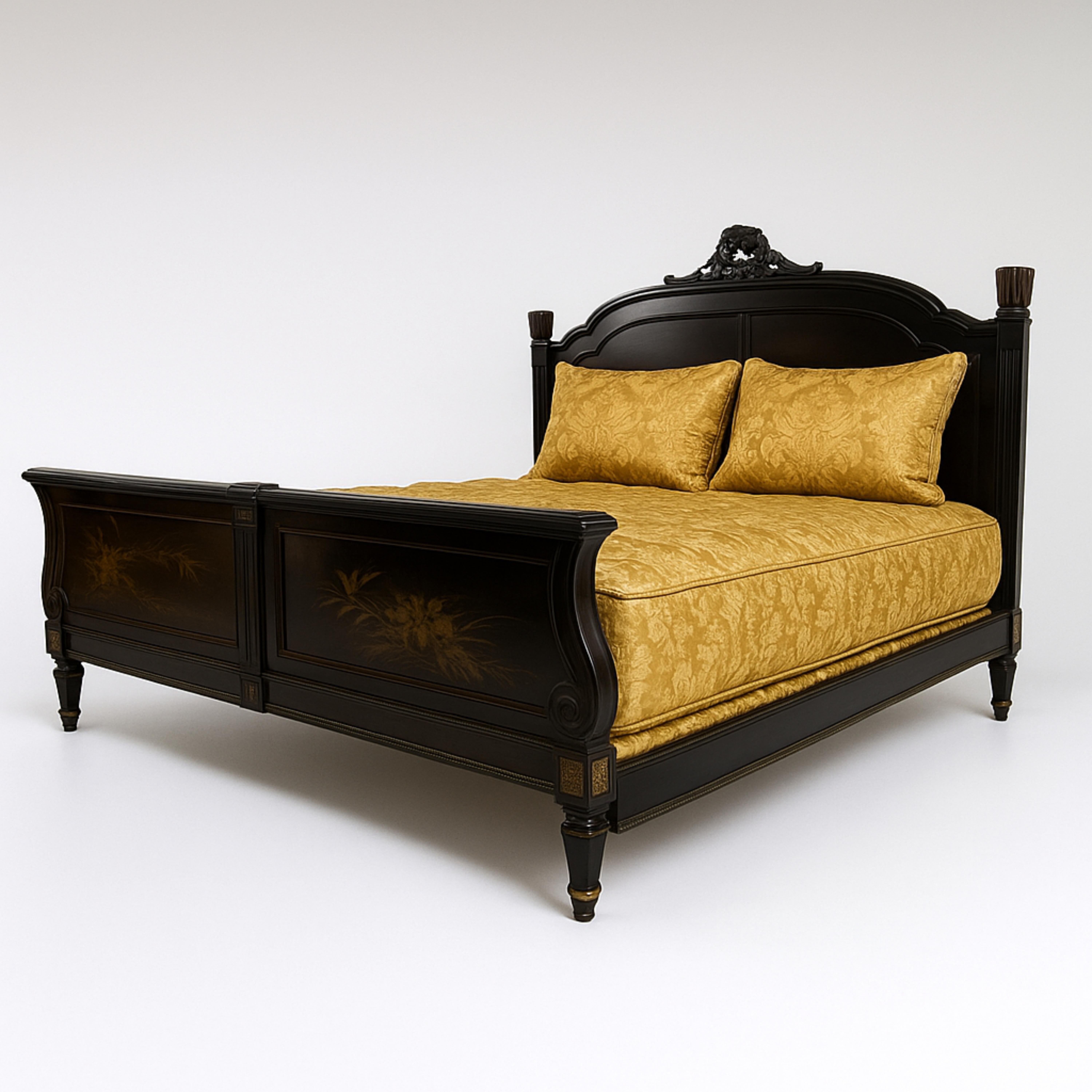 Lit français Napoléon III en noyer sculpté à la main et laqué noir en vente 5