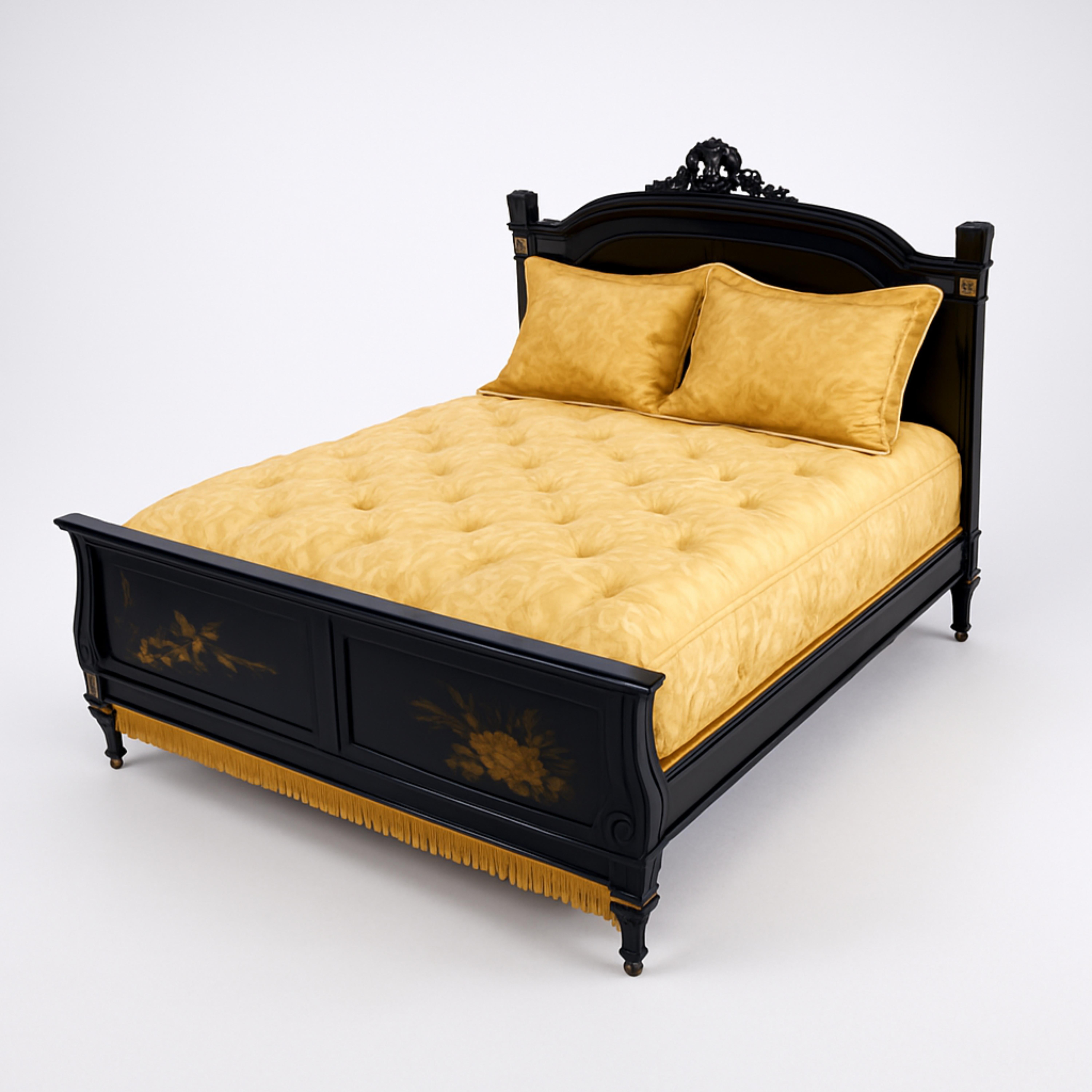 Laiton Lit français Napoléon III en noyer sculpté à la main et laqué noir en vente