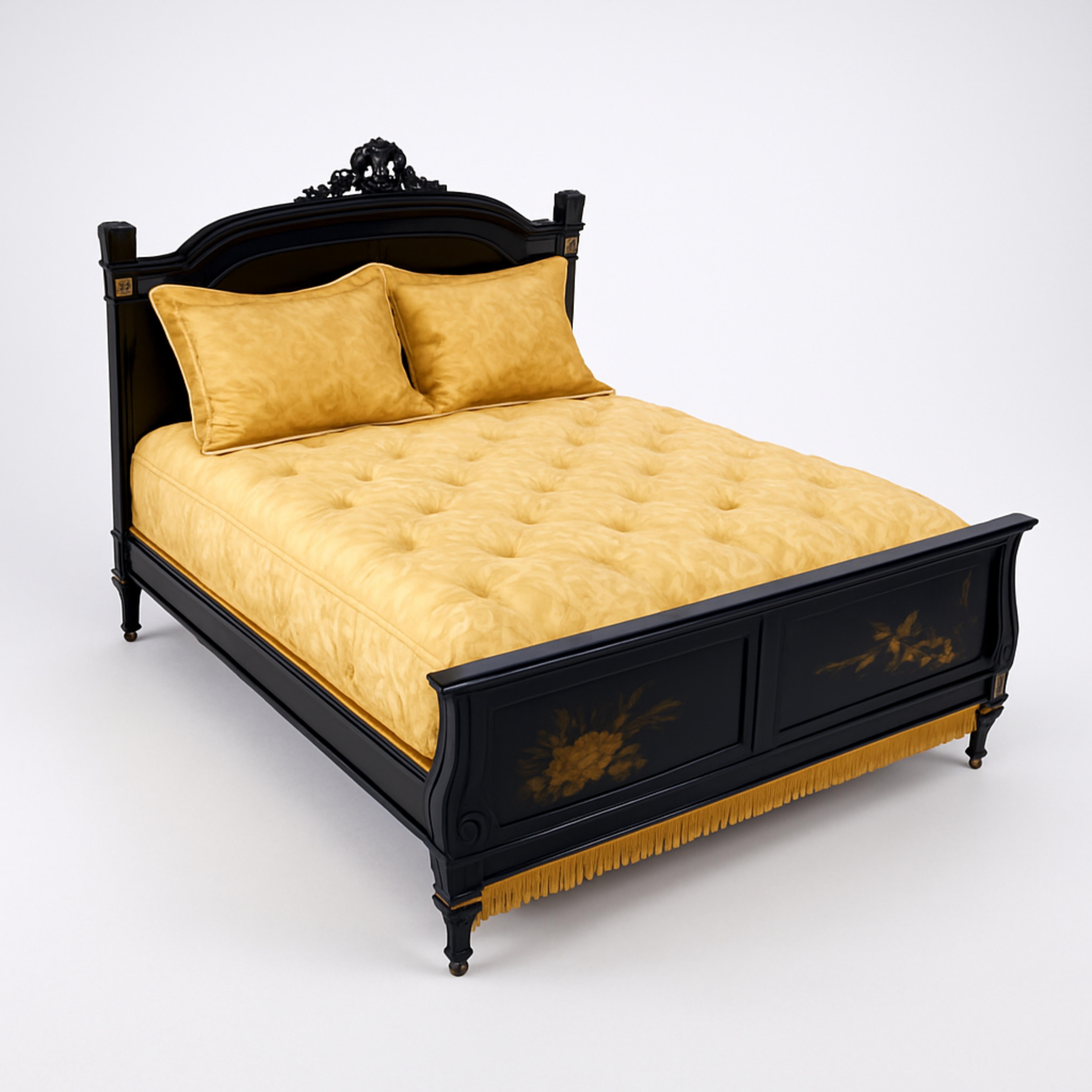 Lit français Napoléon III en noyer sculpté à la main et laqué noir en vente 1