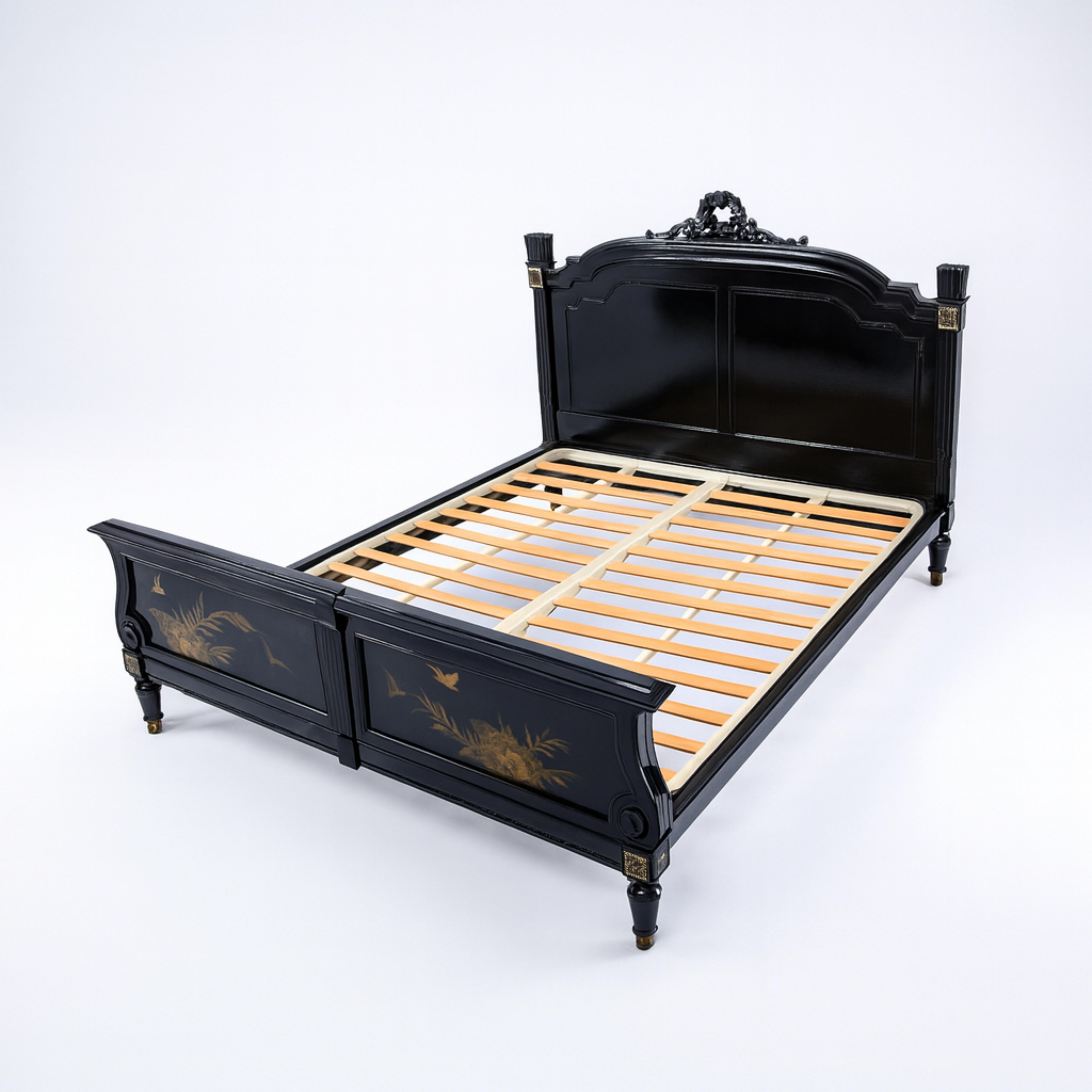 Lit français Napoléon III en noyer sculpté à la main et laqué noir en vente 2