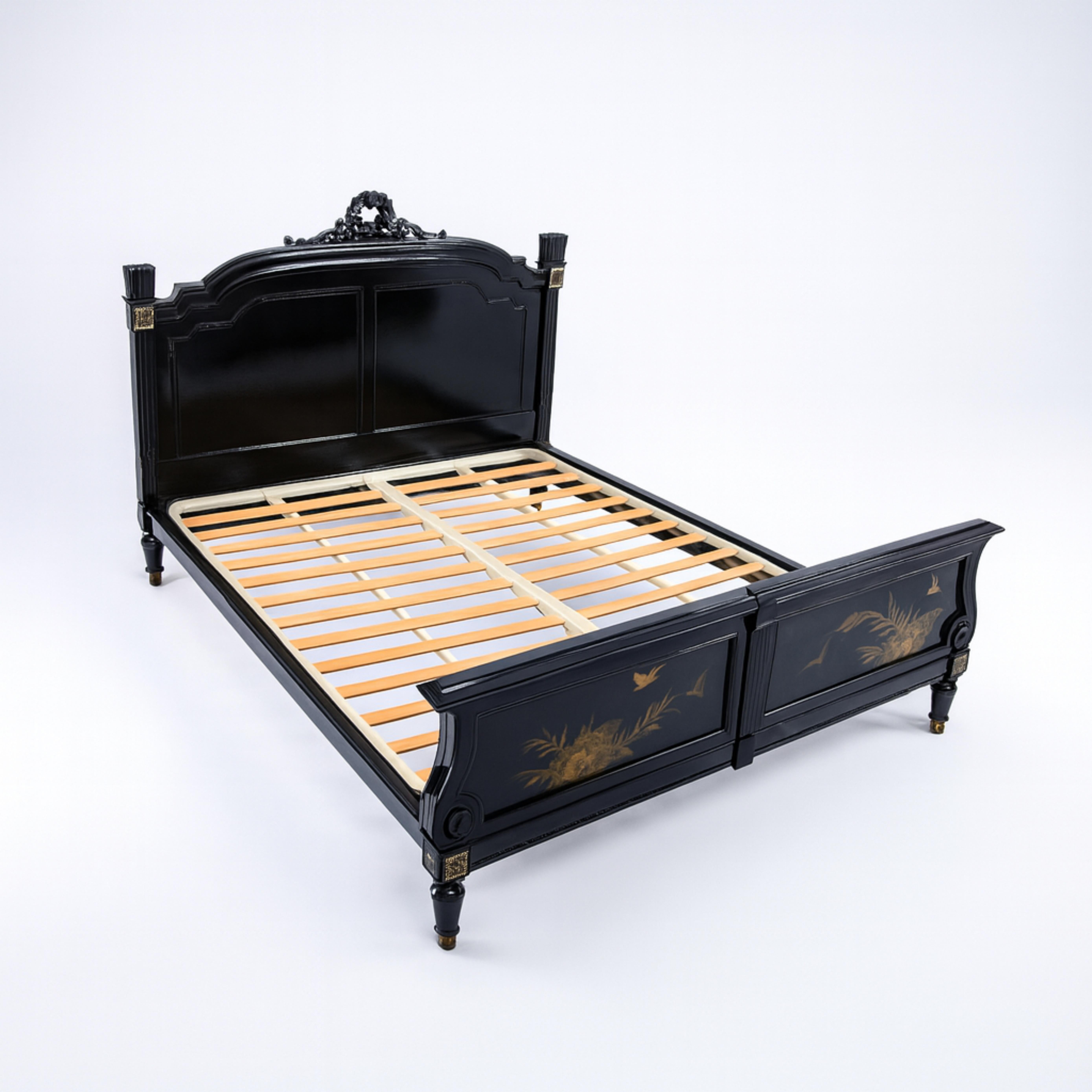 Lit français Napoléon III en noyer sculpté à la main et laqué noir en vente 3