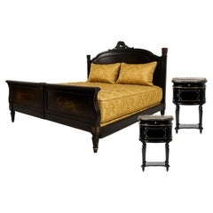 French Napoleon III Hand Carved Walnut Black Lacquer Bedroom Set