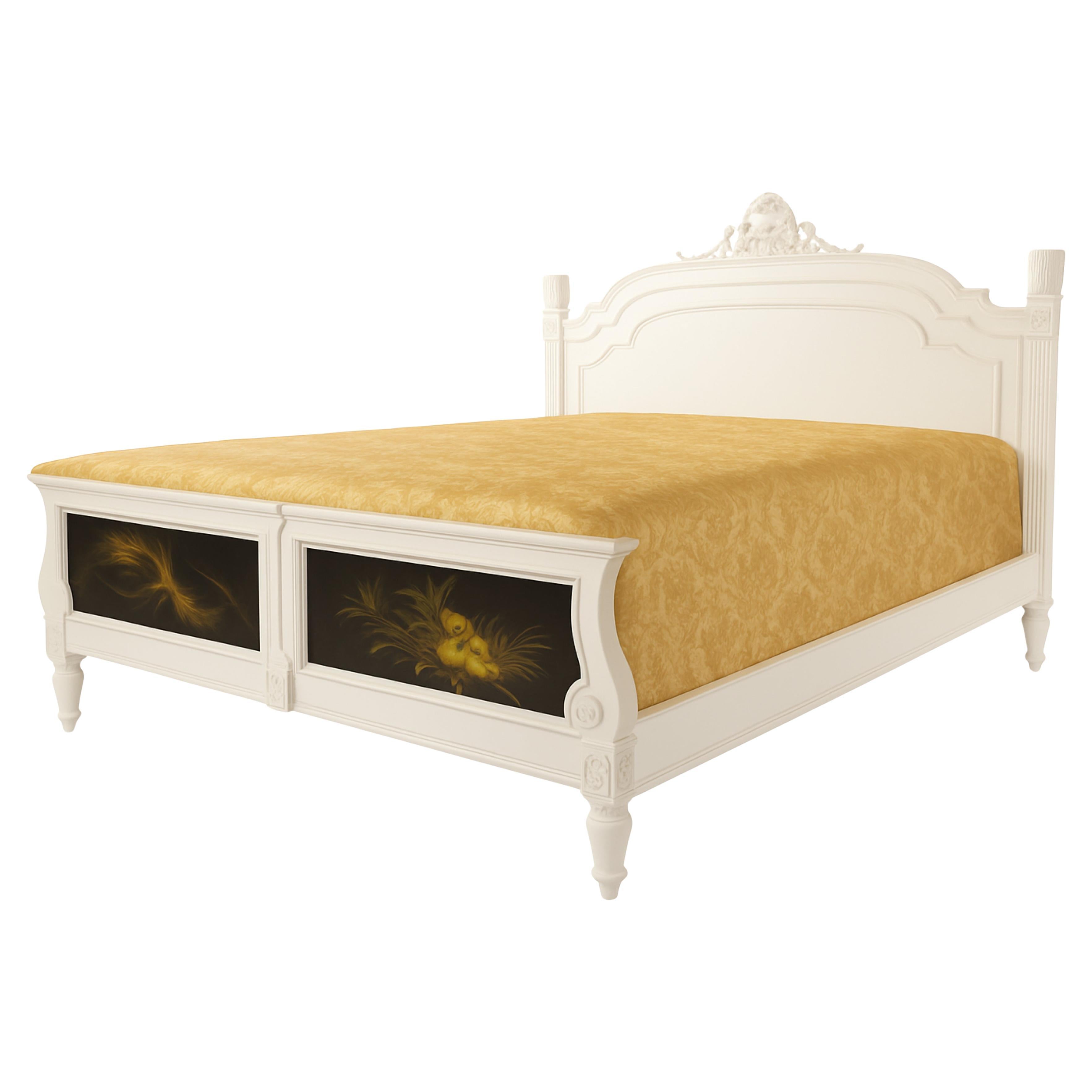 Letto francese Napoleone III intagliato a mano in legno di noce con lacca bianca