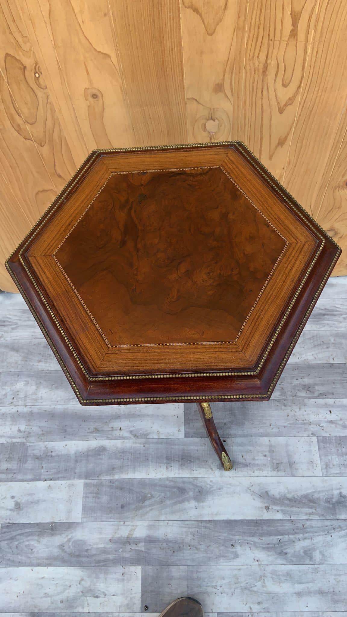 French Napoleon III Hexagon Mahogany Brass Ormolu 3 Leg Pedestal Side Table For Sale 6