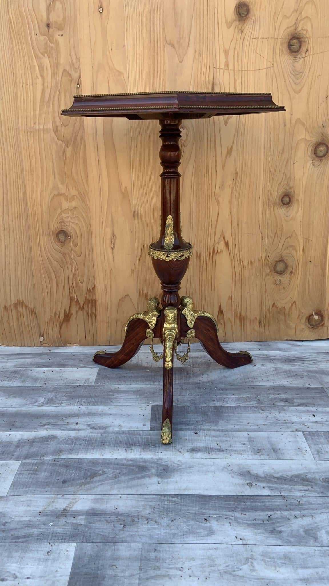 19th Century French Napoleon III Hexagon Mahogany Brass Ormolu 3 Leg Pedestal Side Table For Sale