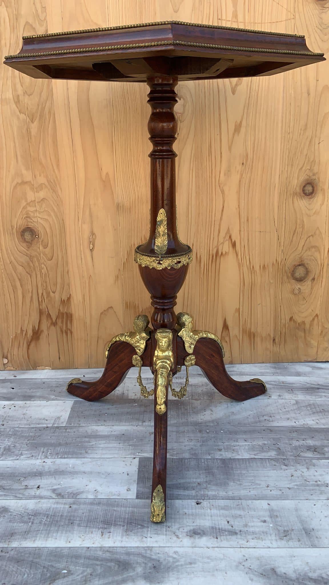 French Napoleon III Hexagon Mahogany Brass Ormolu 3 Leg Pedestal Side Table For Sale 3