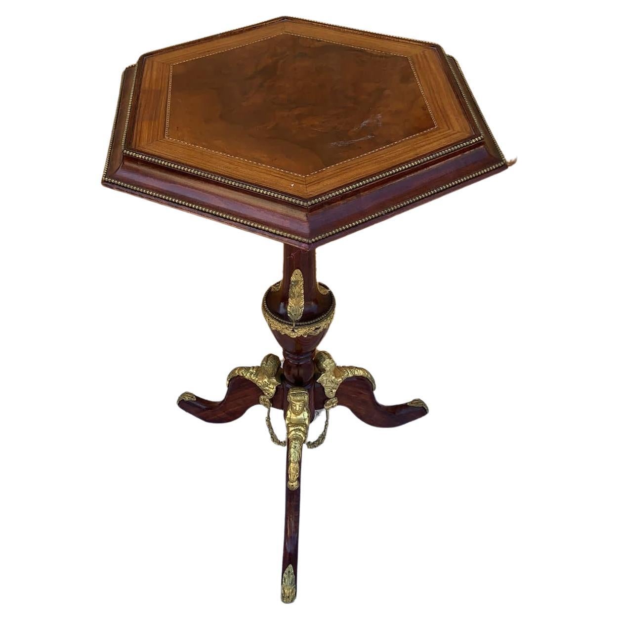 French Napoleon III Hexagon Mahogany Brass Ormolu 3 Leg Pedestal Side Table For Sale
