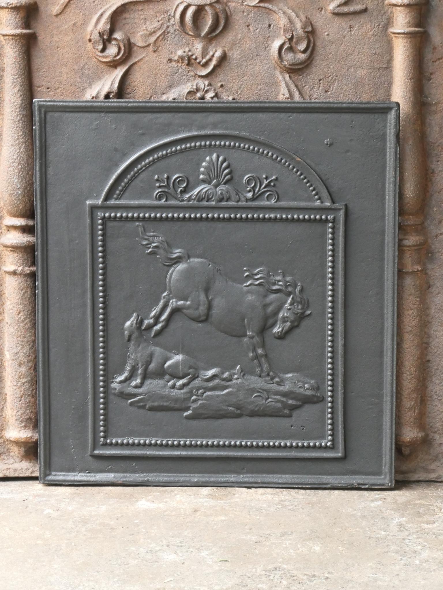 19th Century French Napoleon III period fireback with a horse.

The fireback is made of cast iron and has a black / pewter patina. The condition is good, no cracks.
 














