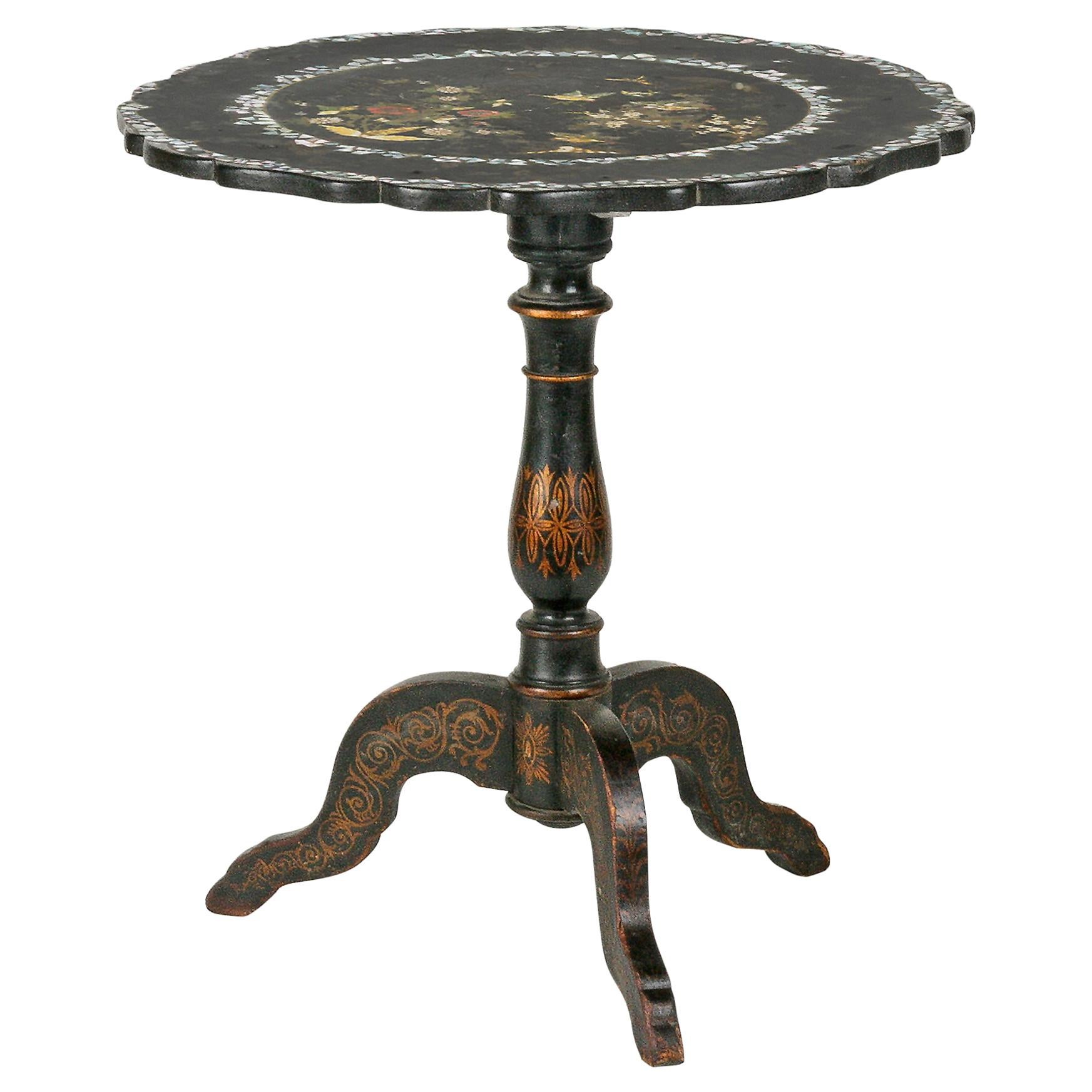 French Napoleon III Lacquered Tilt-Top Table Mother of Pearl Inlaid