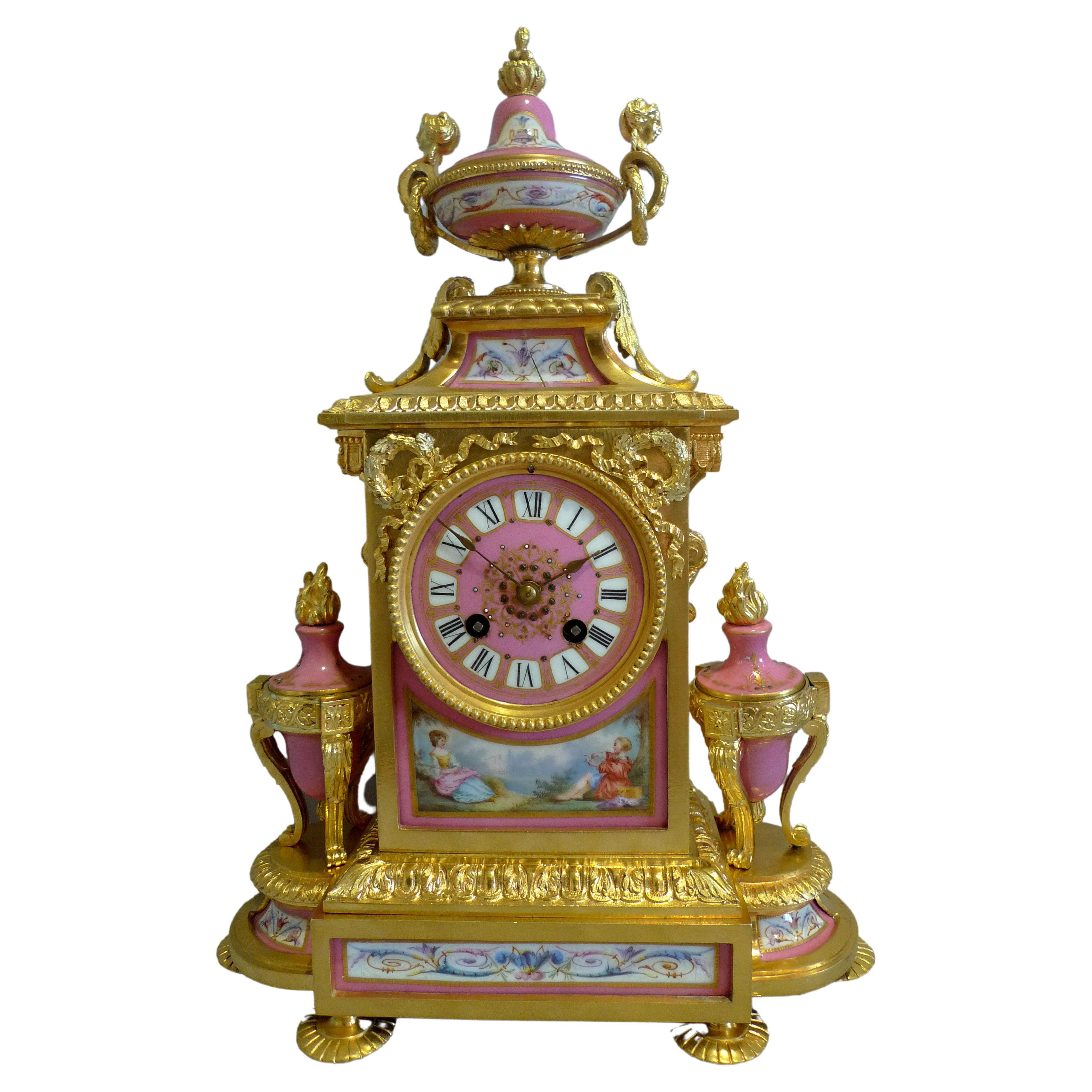French Napoleon III mantel clock in ormolu and pink porcelain