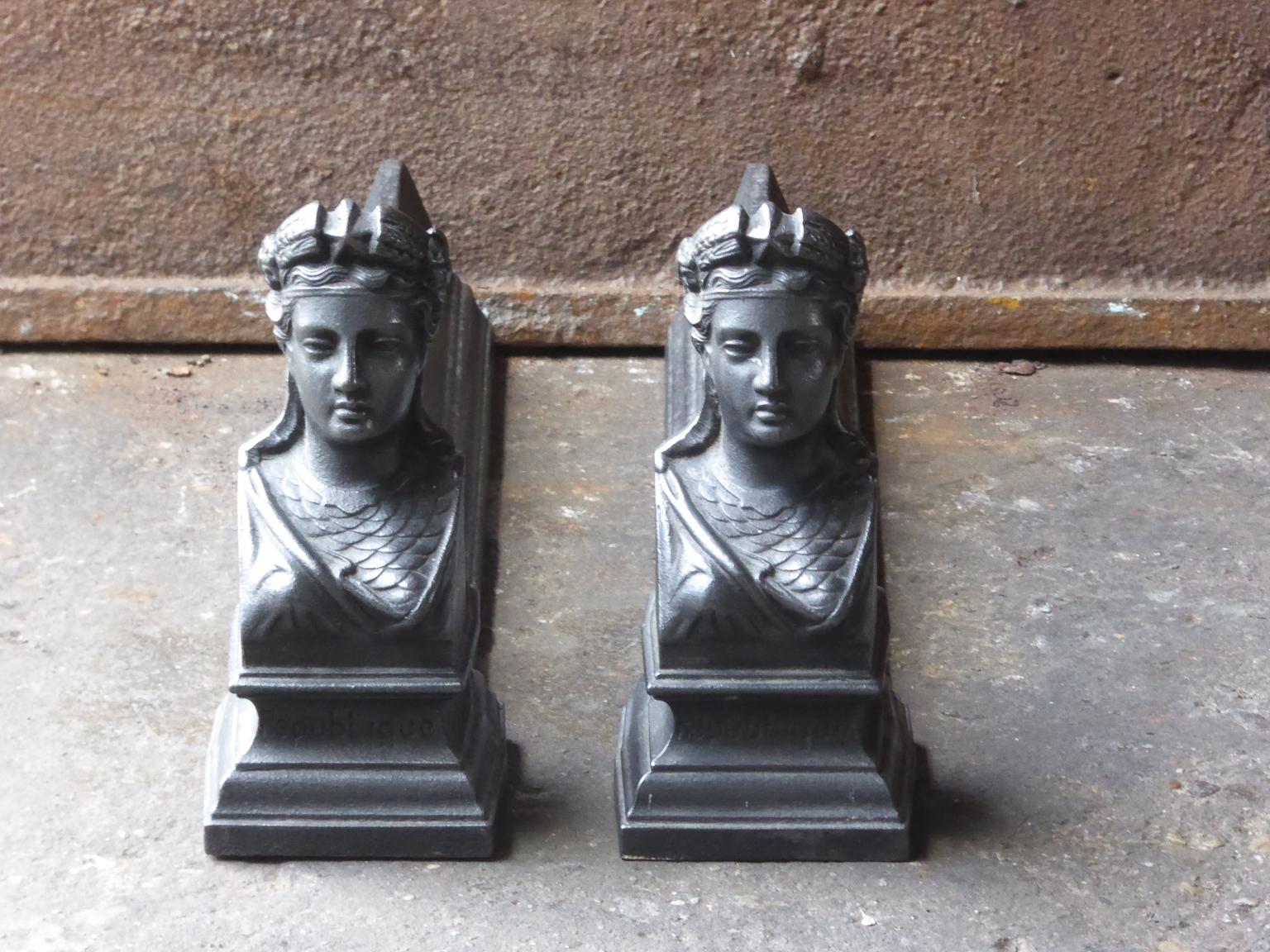 Cast French Napoleon III 'Marianne' Firedogs or Andirons, 19th Century