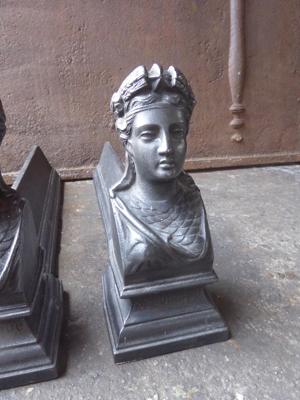 Iron French Napoleon III 'Marianne' Firedogs or Andirons, 19th Century