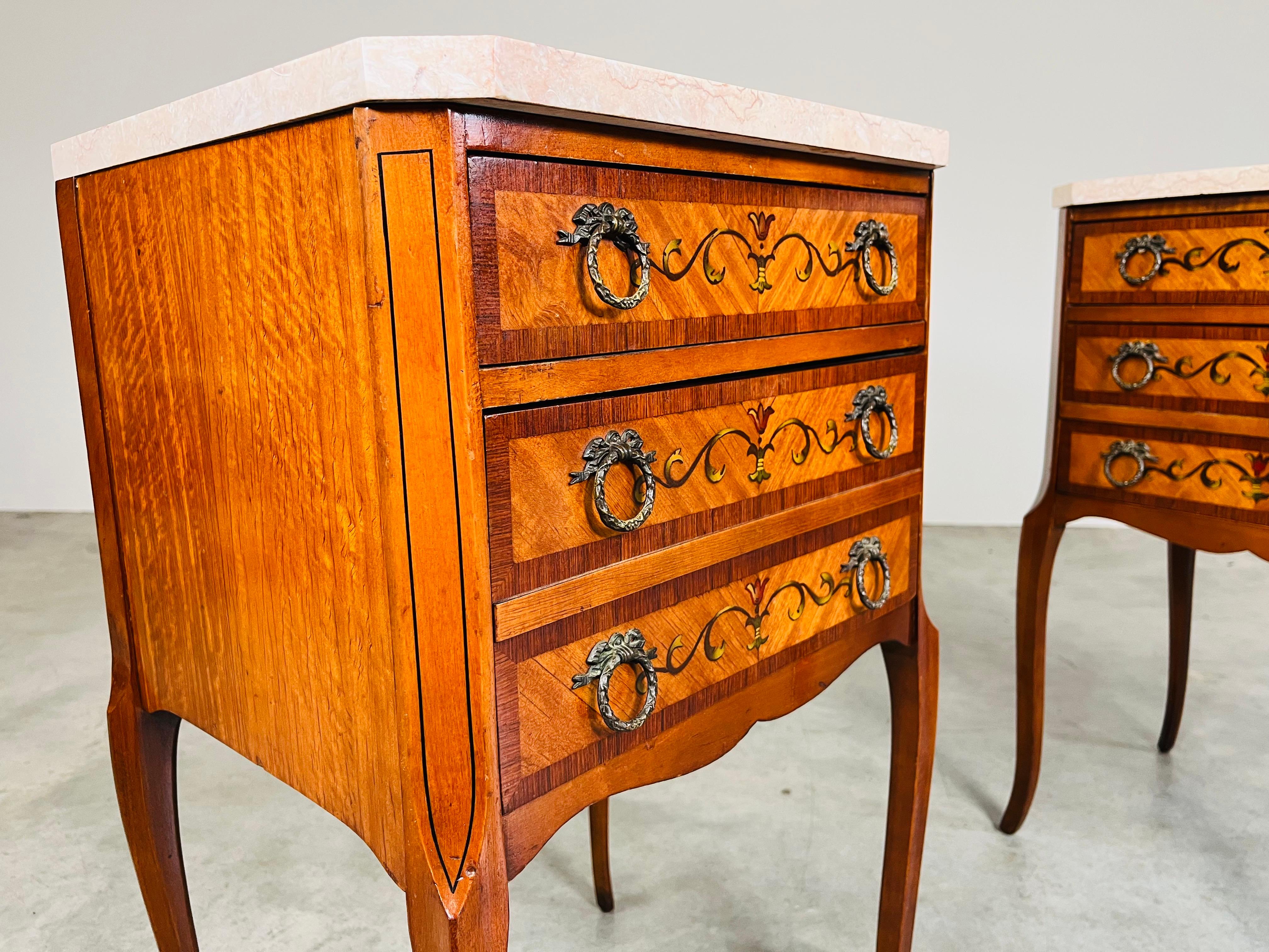 French Napoleon III Marquetry Marble Top Nightstands Or End Tables Circa 1910 For Sale 3