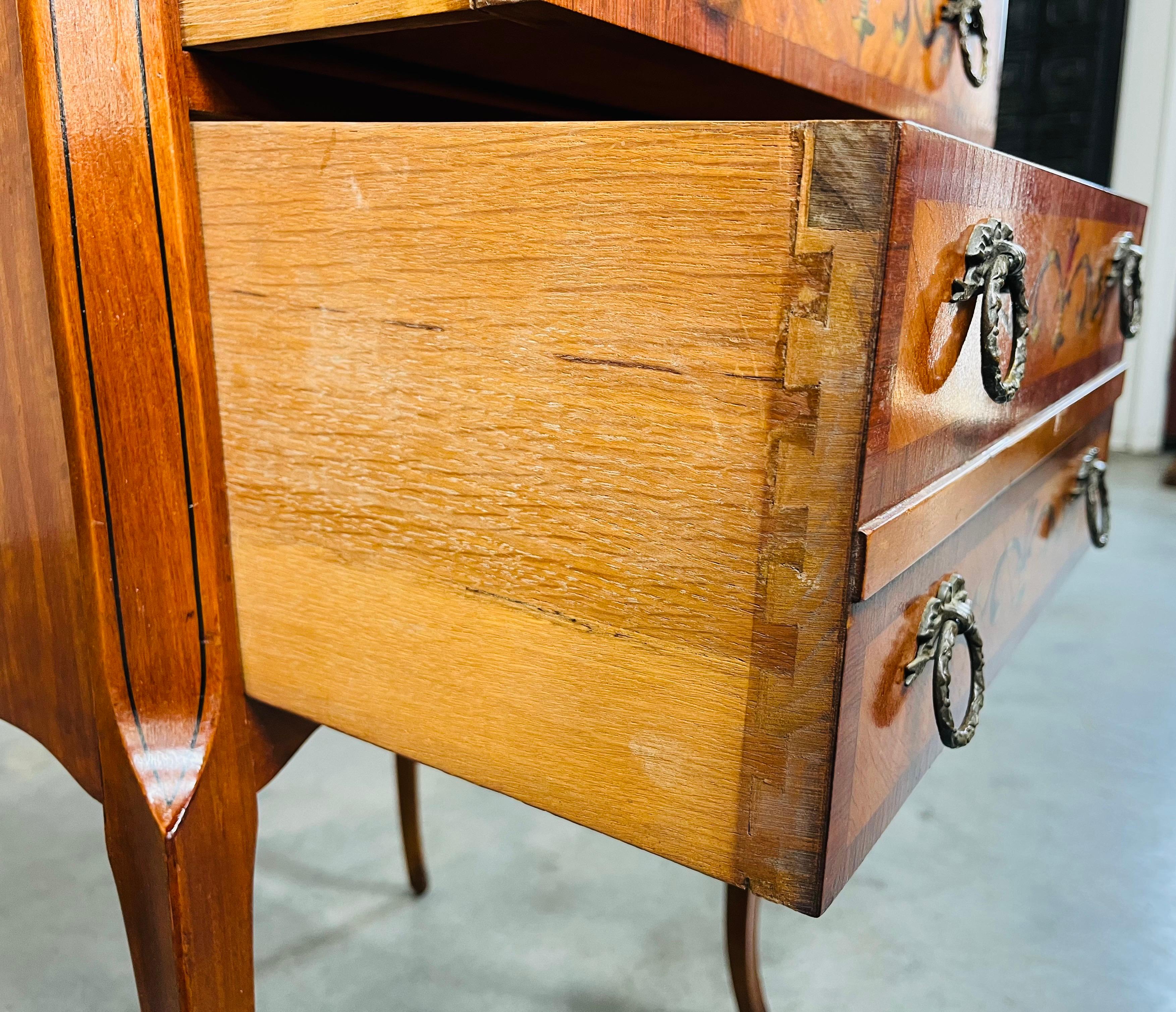 French Napoleon III Marquetry Marble Top Nightstands Or End Tables Circa 1910 For Sale 4
