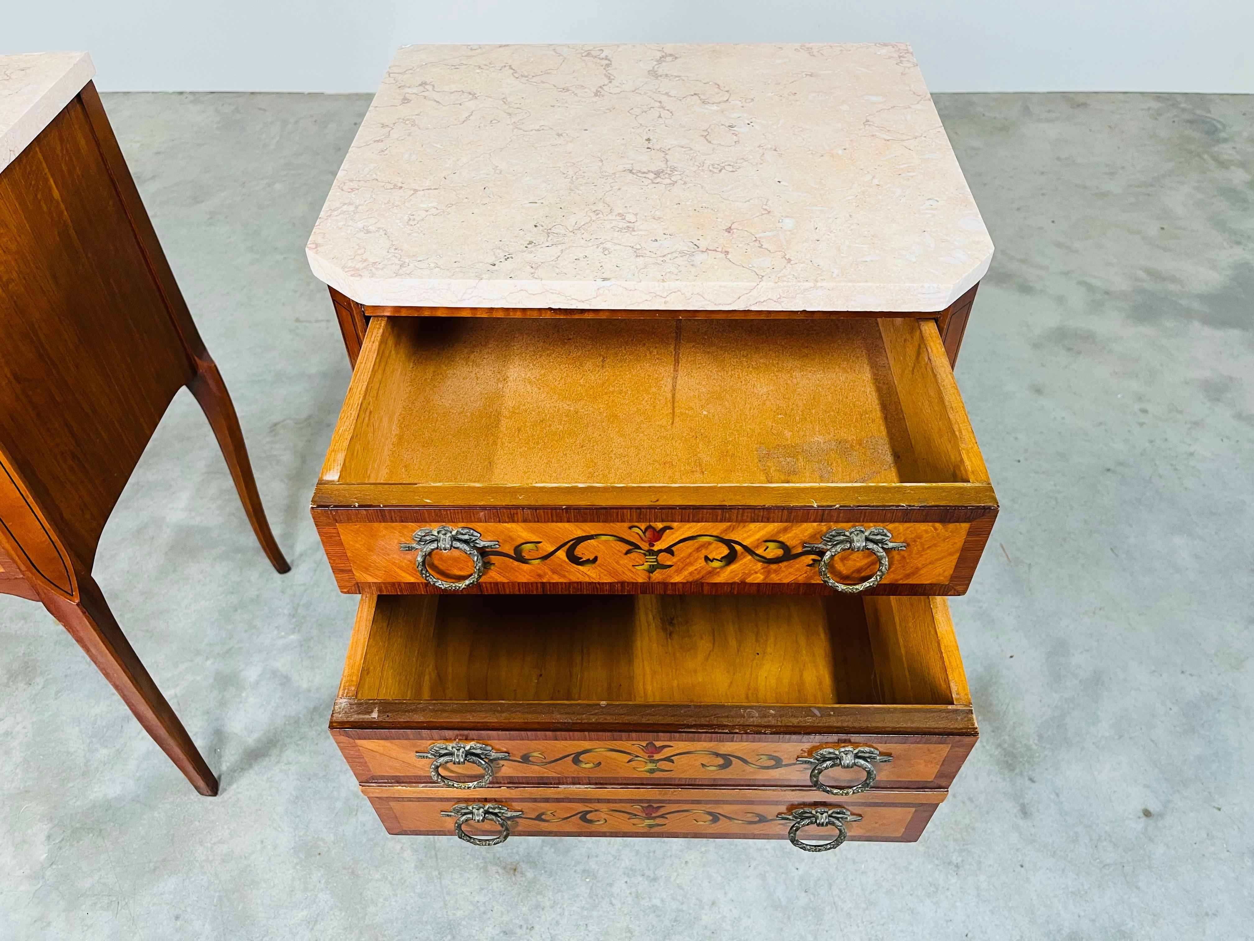 Hand-Carved French Napoleon III Marquetry Marble Top Nightstands Or End Tables Circa 1910 For Sale