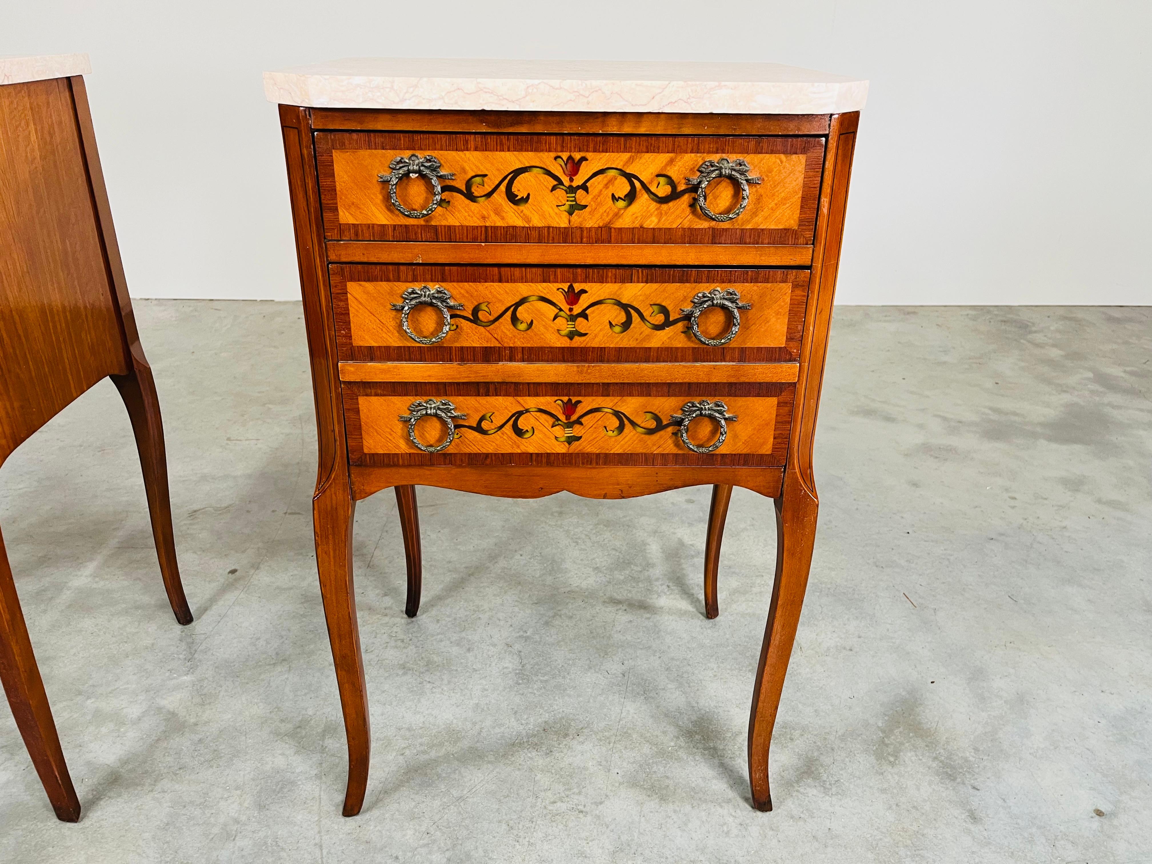 20th Century French Napoleon III Marquetry Marble Top Nightstands Or End Tables Circa 1910 For Sale