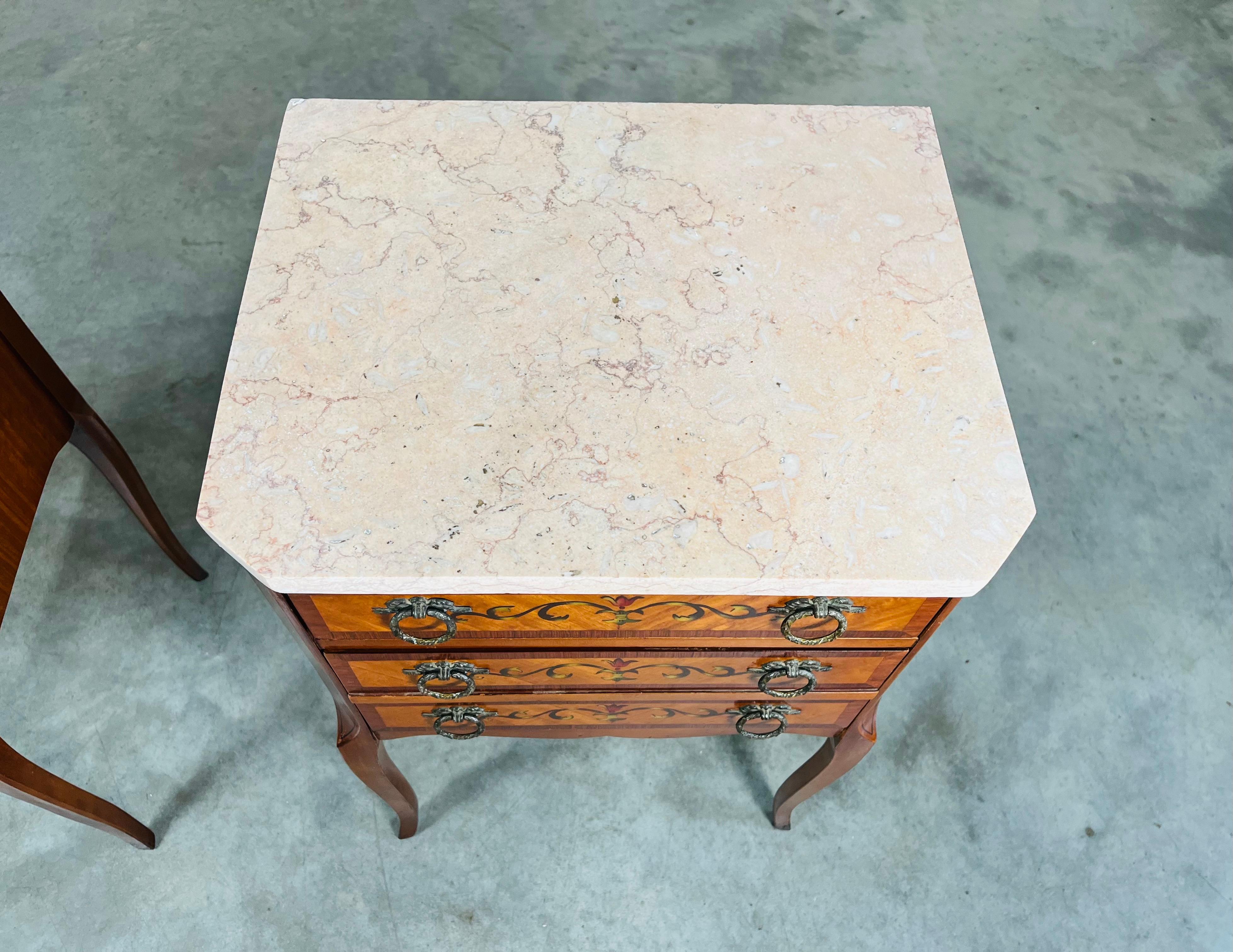 French Napoleon III Marquetry Marble Top Nightstands Or End Tables Circa 1910 For Sale 1