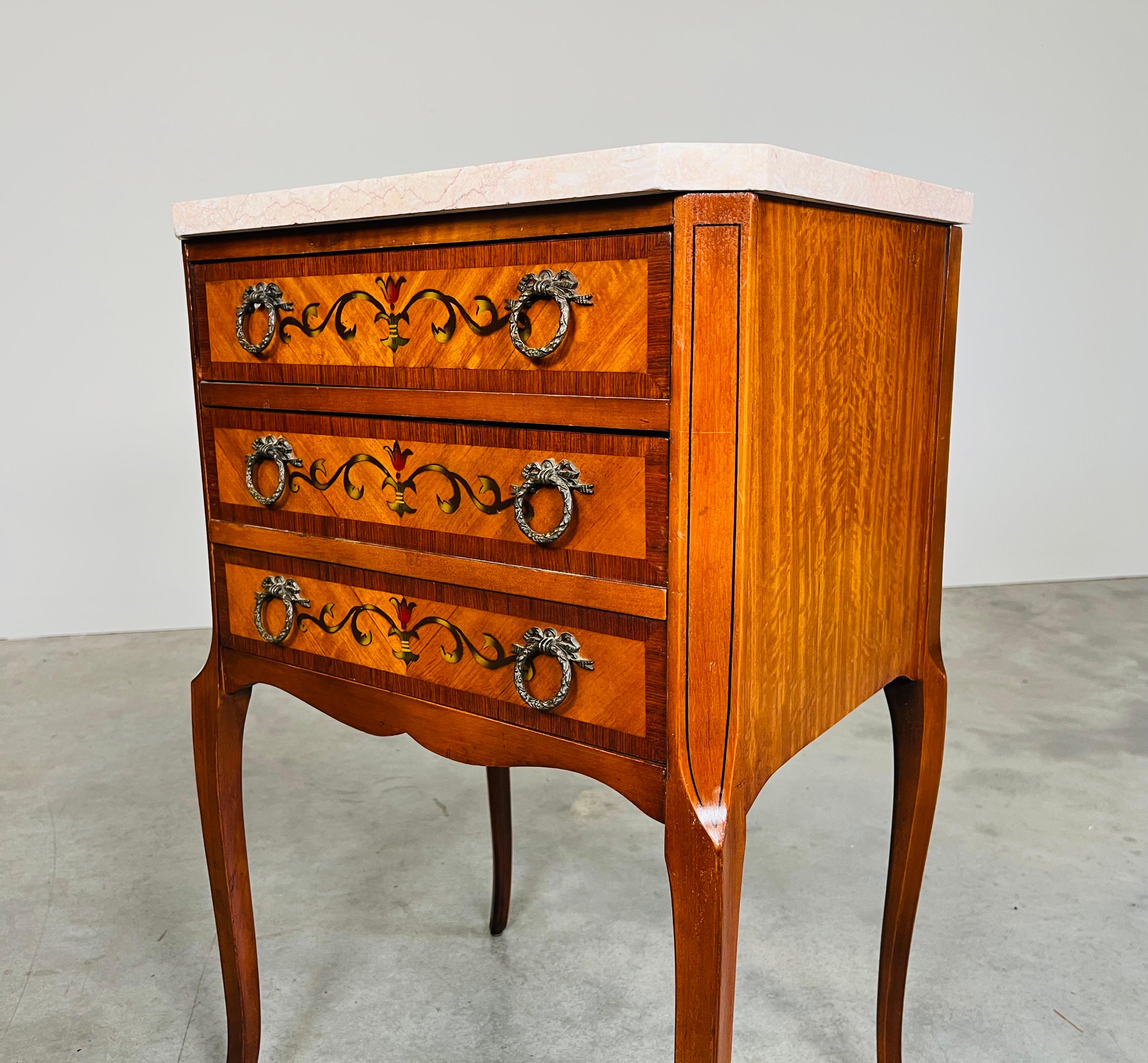 French Napoleon III Marquetry Marble Top Nightstands Or End Tables Circa 1910 For Sale 2