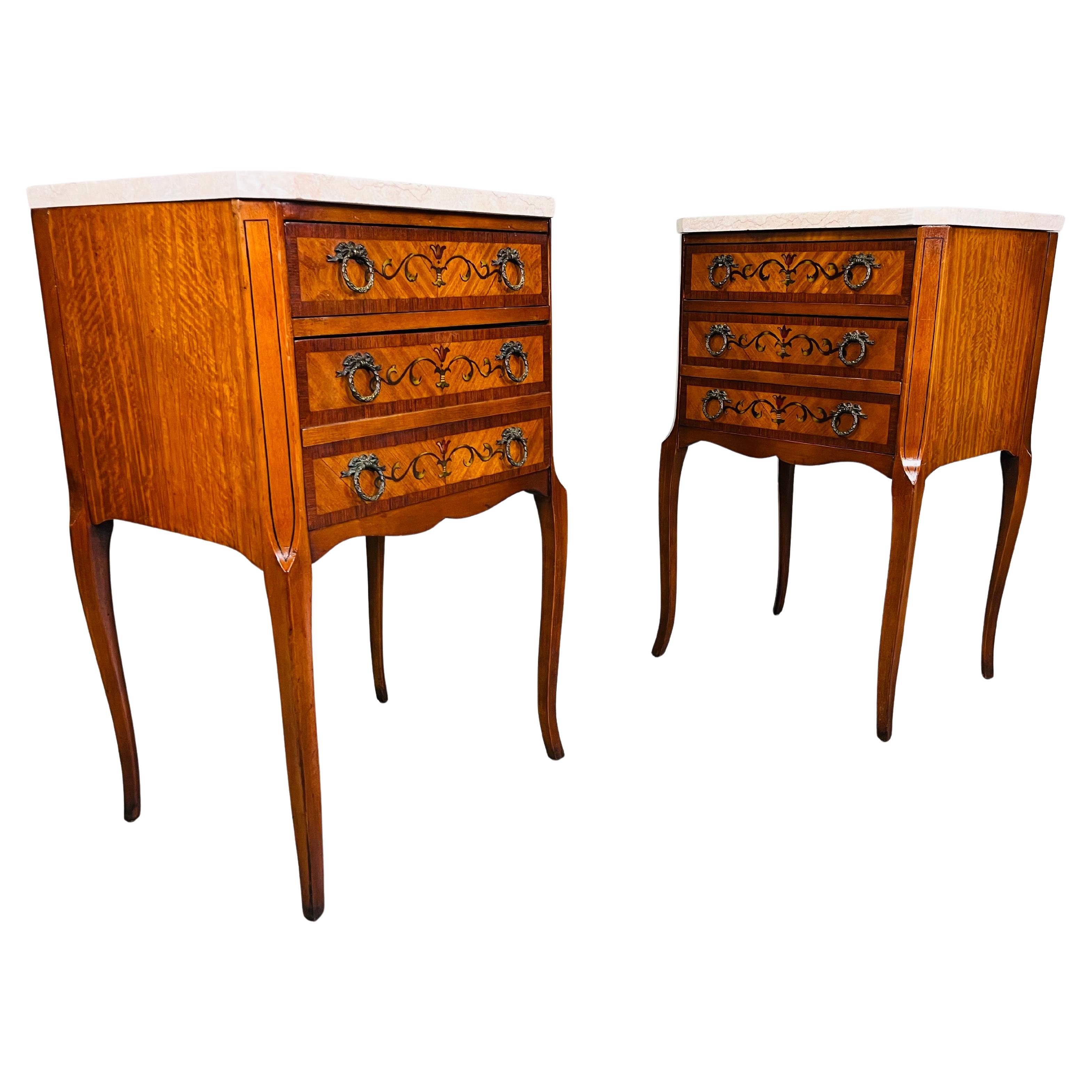 French Napoleon III Marquetry Marble Top Nightstands Or End Tables Circa 1910 For Sale