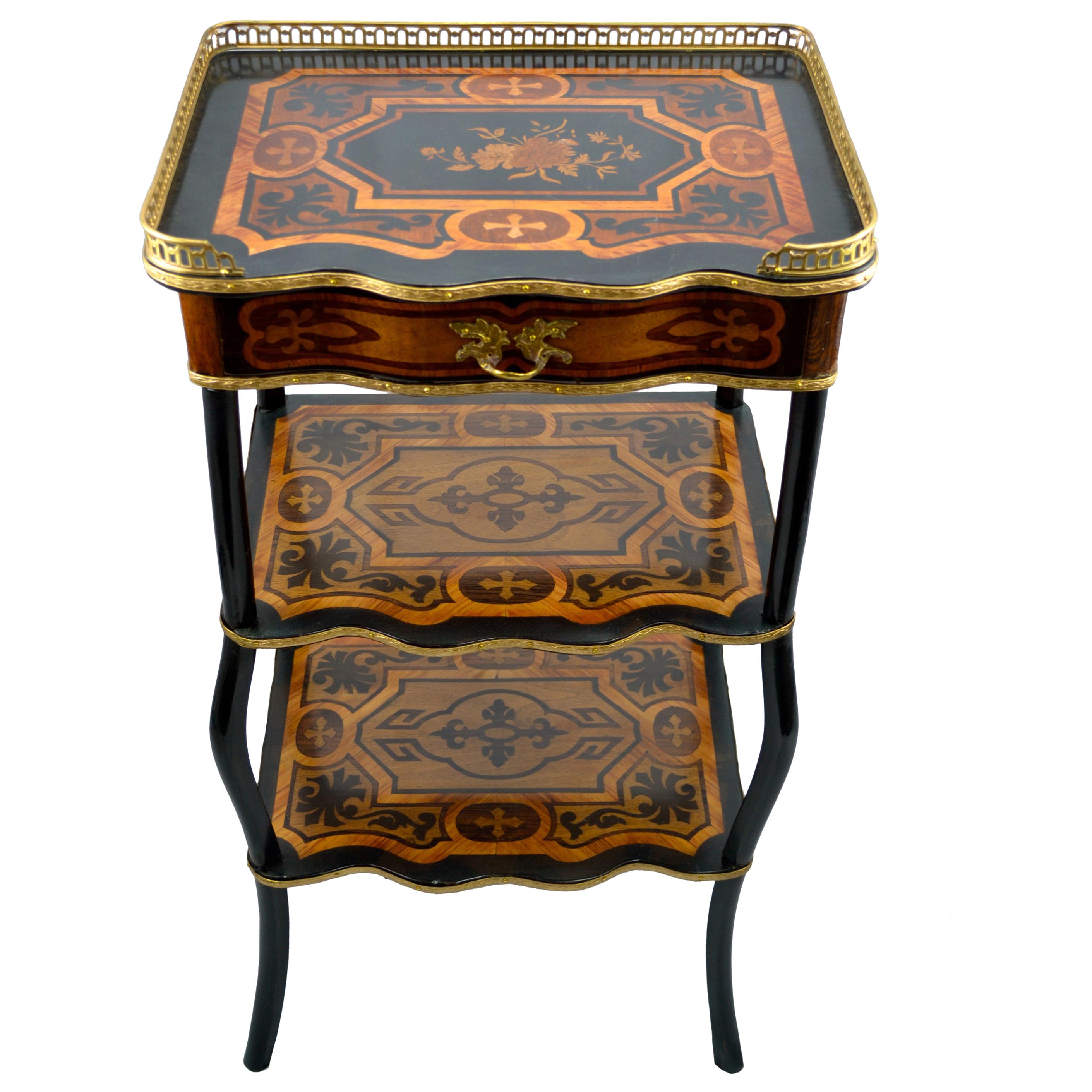 French Napoleon III Marquetry Three-Tiered Side Table