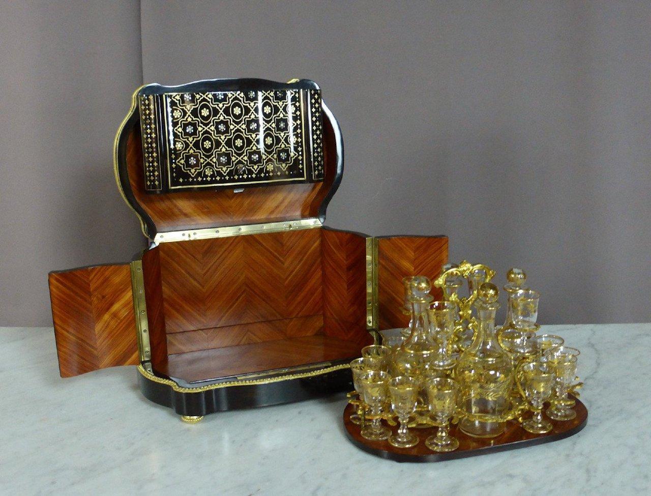Brass French Napoleon III Mother-of-Pearl and Rosewood Liquor Cabinet