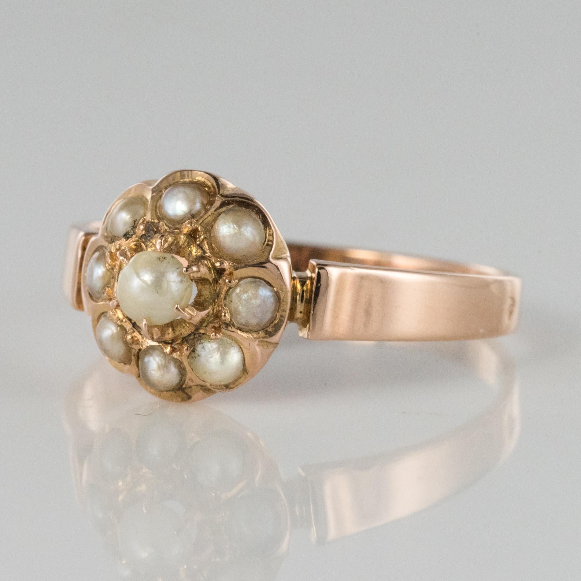 French Napoleon III Natural Pearl 18 Karat Rose Gold Daisy Ring In Good Condition In Poitiers, FR