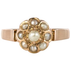 French Napoleon III Natural Pearl 18 Karat Rose Gold Daisy Ring