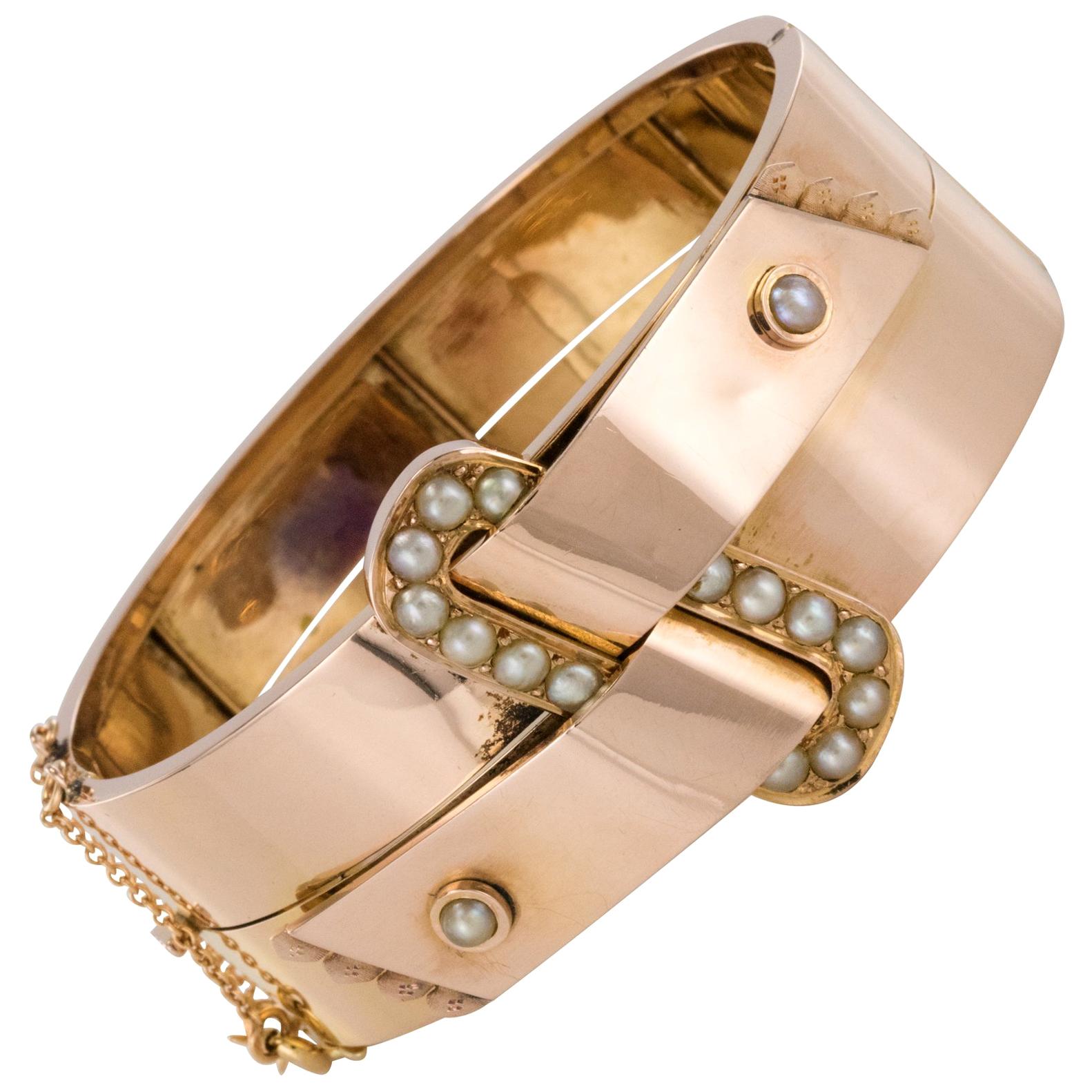 Französisches Napoleon-III-Armband aus Naturperlen und Roségold