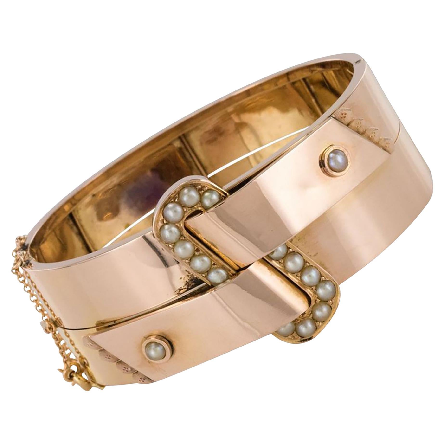 French Napoleon III Natural Pearl and Rose Gold Belt Bangle Bracelet