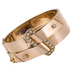 French Napoleon III Natural Pearl and Rose Gold Belt Bangle Bracelet