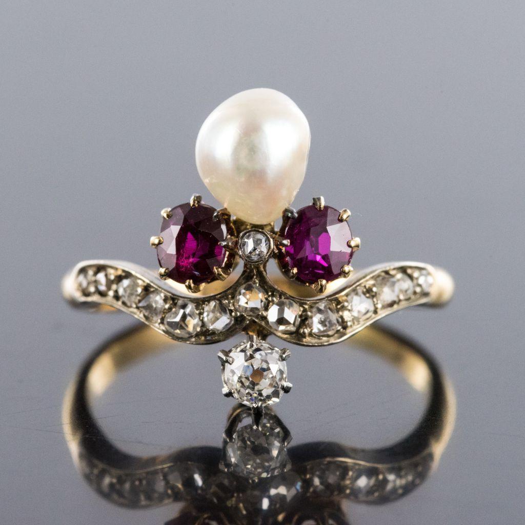 French Napoleon III Natural Pearl Ruby Diamond Duchess Ring For Sale 1