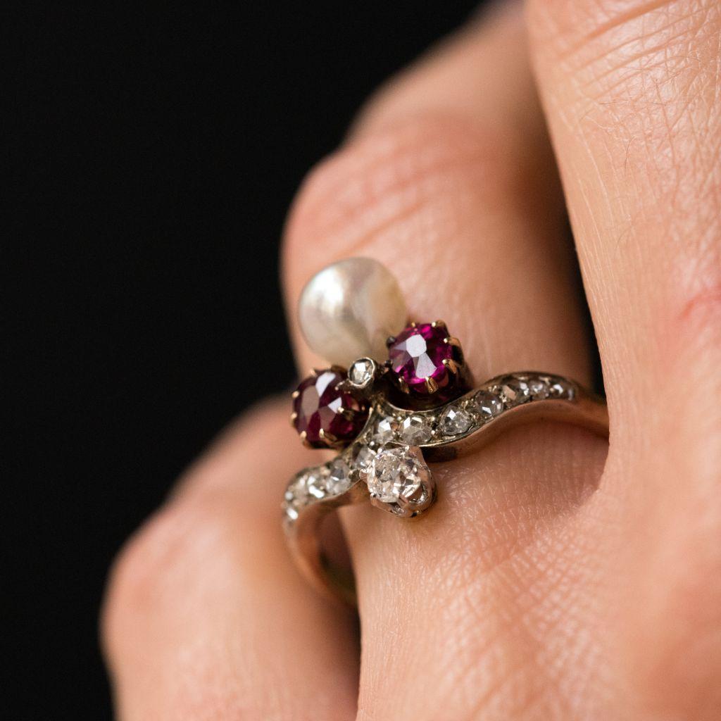 French Napoleon III Natural Pearl Ruby Diamond Duchess Ring For Sale 2