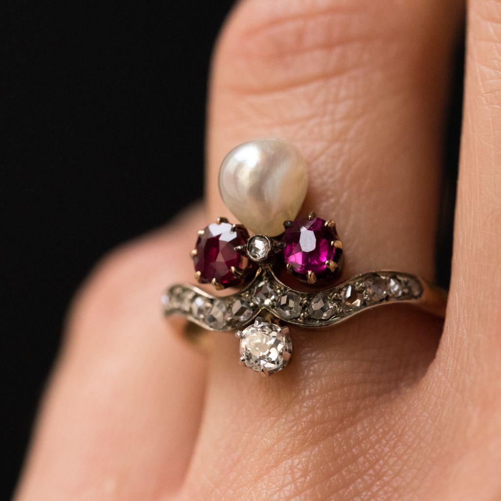 French Napoleon III Natural Pearl Ruby Diamond Duchess Ring For Sale 4