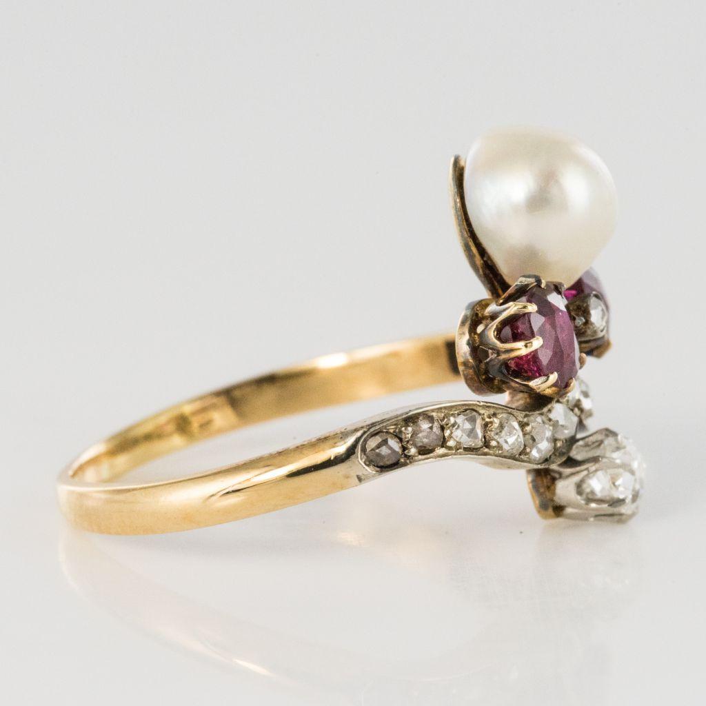 French Napoleon III Natural Pearl Ruby Diamond Duchess Ring For Sale 5