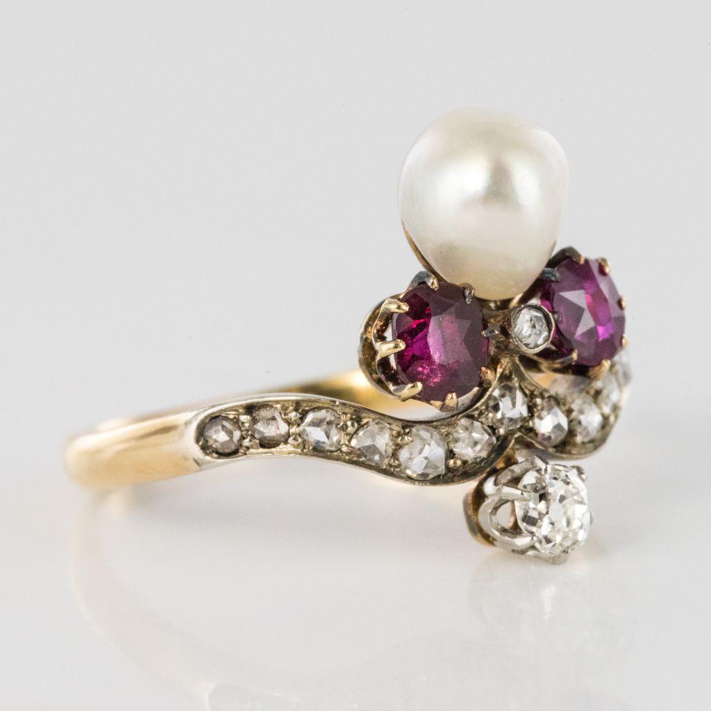 French Napoleon III Natural Pearl Ruby Diamond Duchess Ring For Sale 7