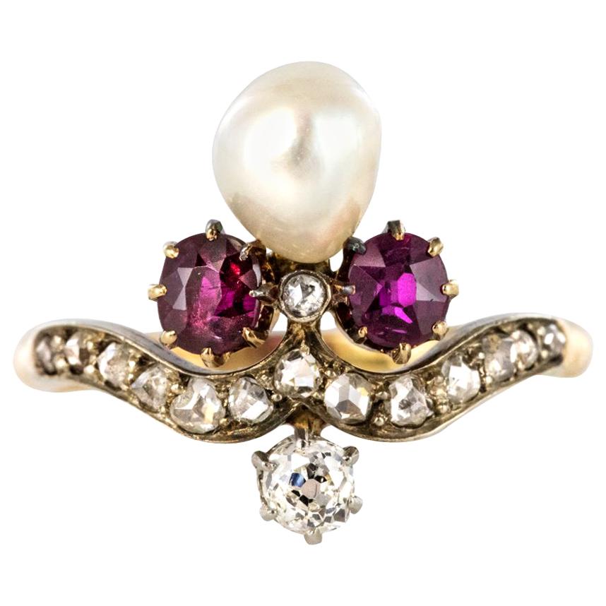 French Napoleon III Natural Pearl Ruby Diamond Duchess Ring For Sale