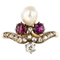 Antique French Napoleon III Natural Pearl Ruby Diamond Duchess Ring